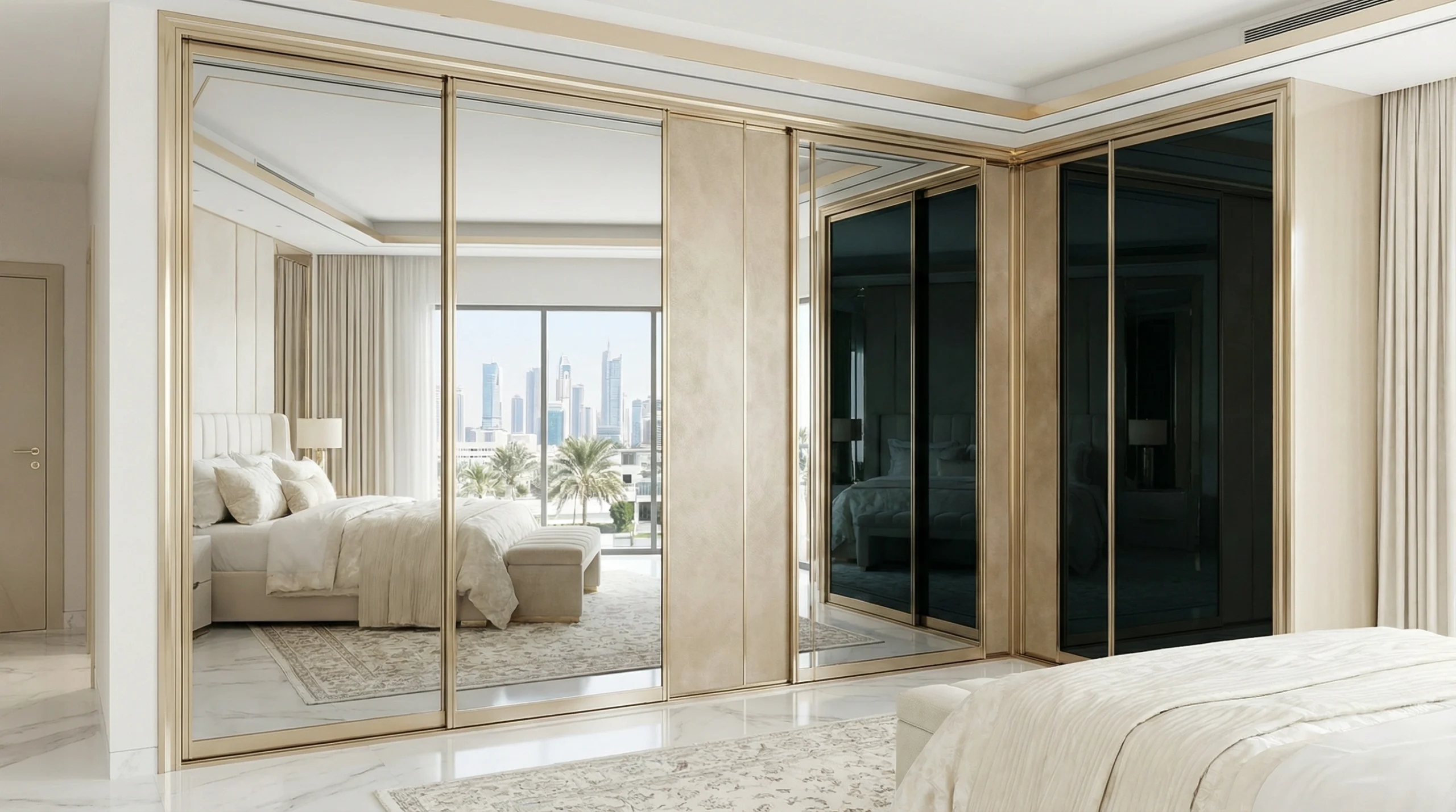 Sliding mirror wardrobe doors Dubai reflecting natural light in master bedroom
