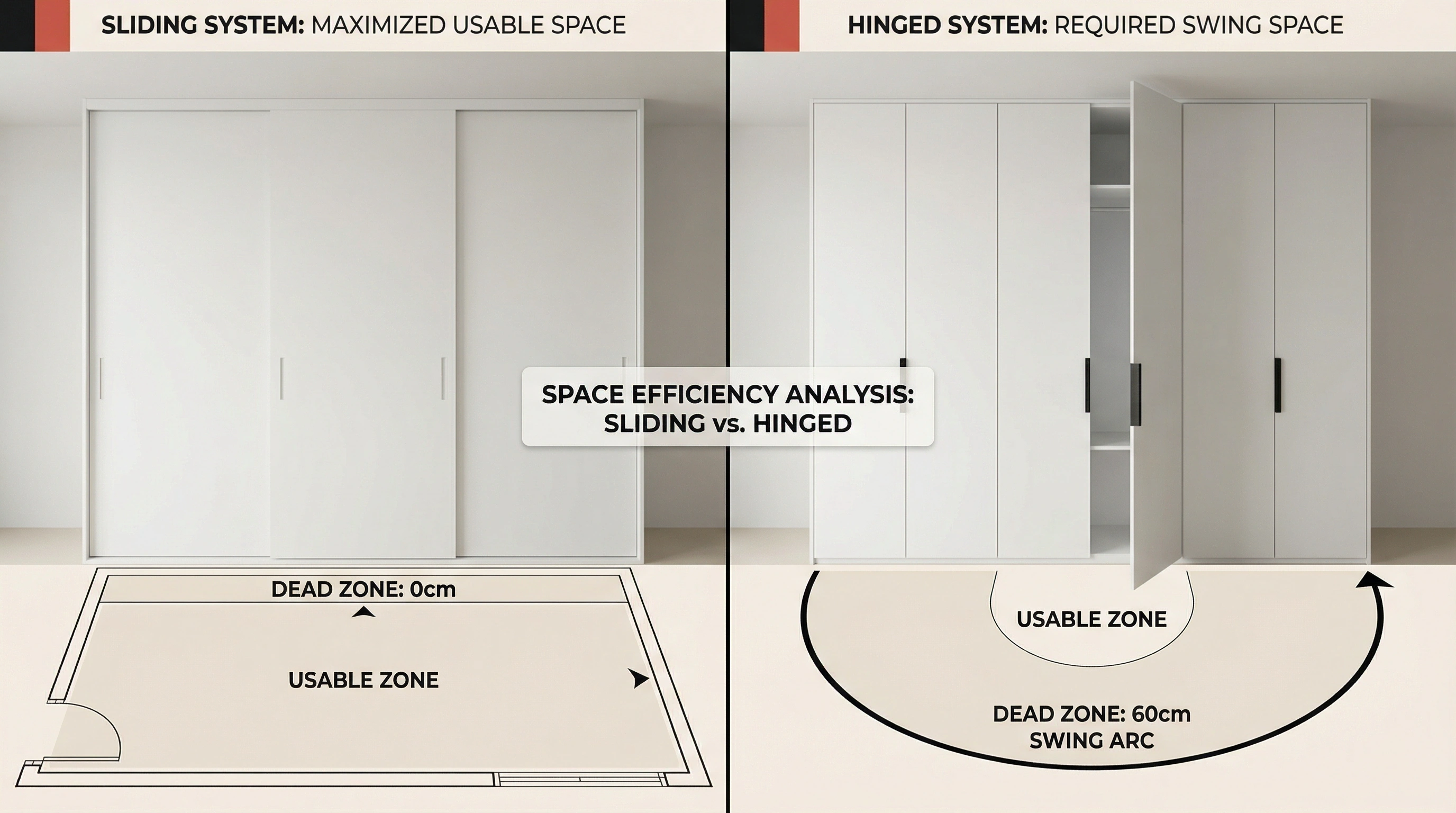 Comparison showing space efficiency differences between sliding and hinged wardrobes
