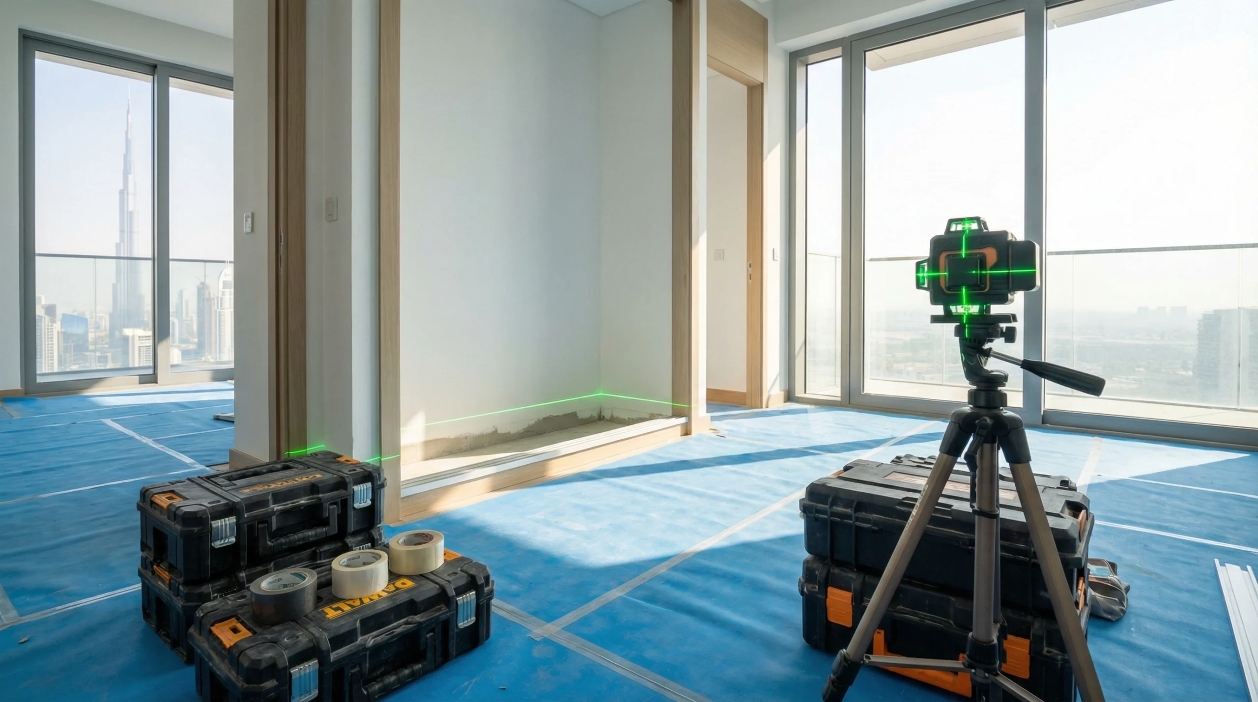 Professional wardrobe installation team mounting tracks in Dubai bedroom