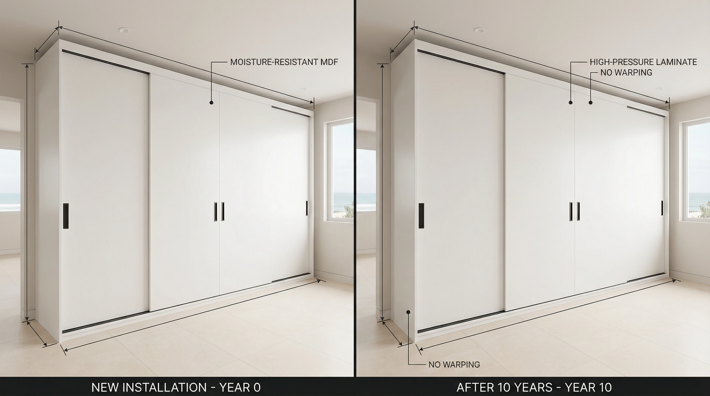 Sliding wardrobe longevity comparison showing maintained quality after years in Dubai