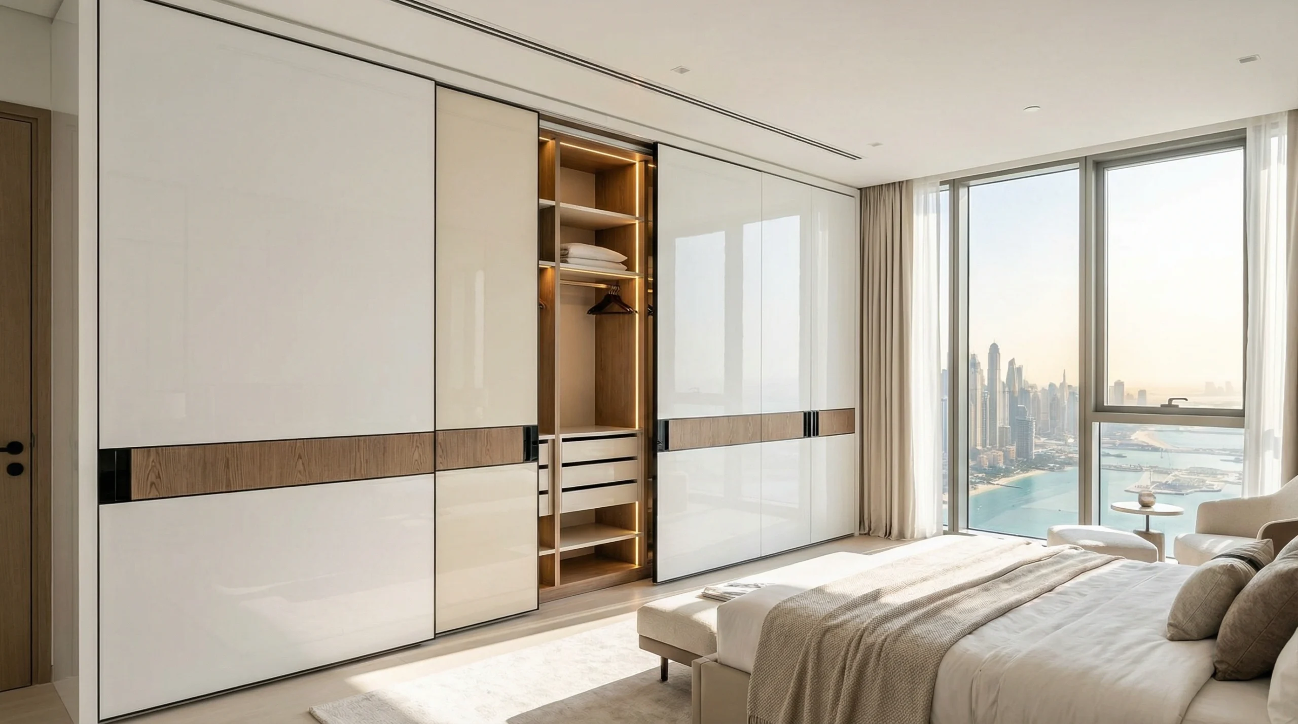 Custom sliding wardrobes Dubai in luxury master bedroom with modern design