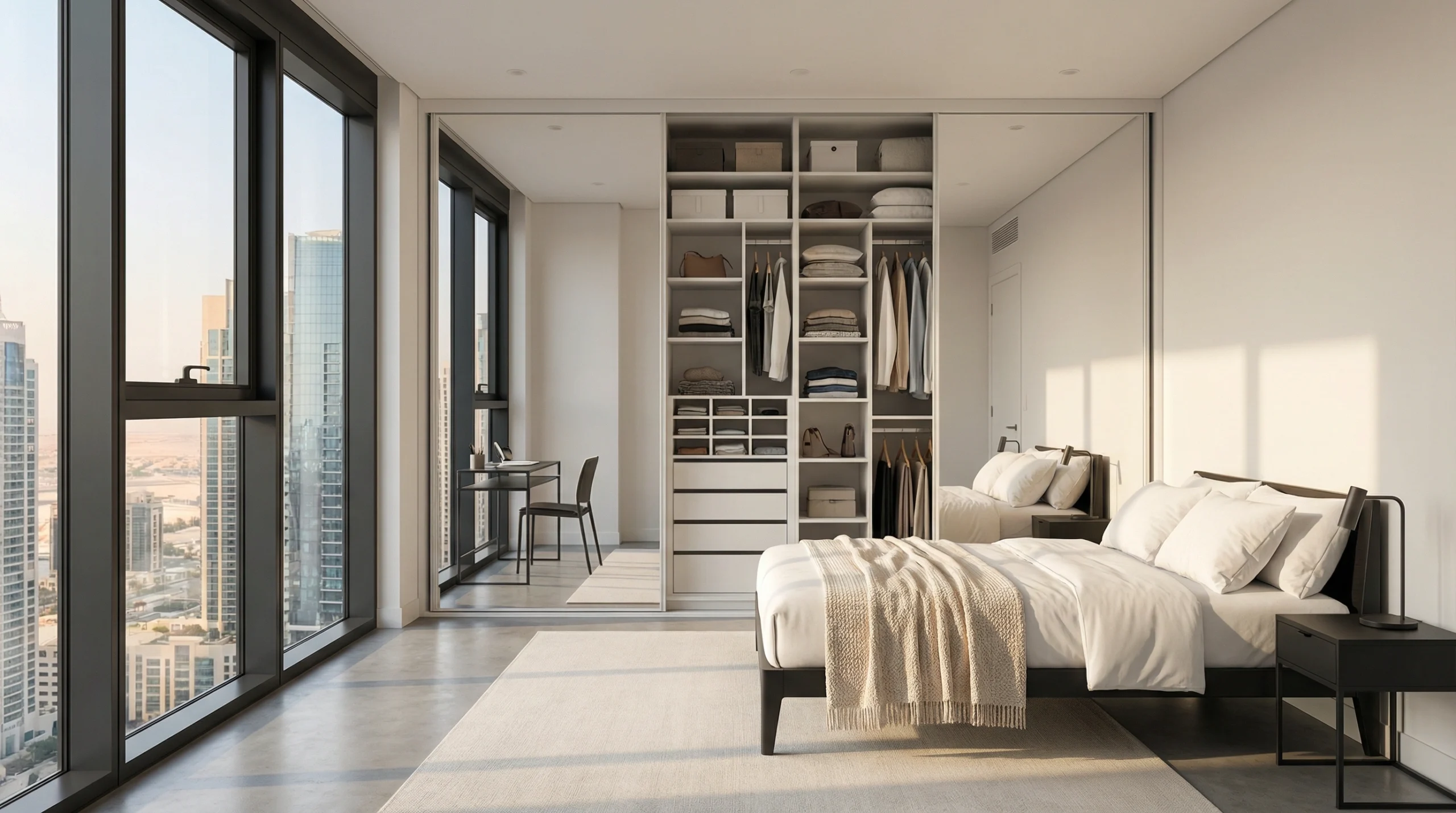 Space-efficient sliding wardrobe maximizing storage in compact Dubai apartment bedroom