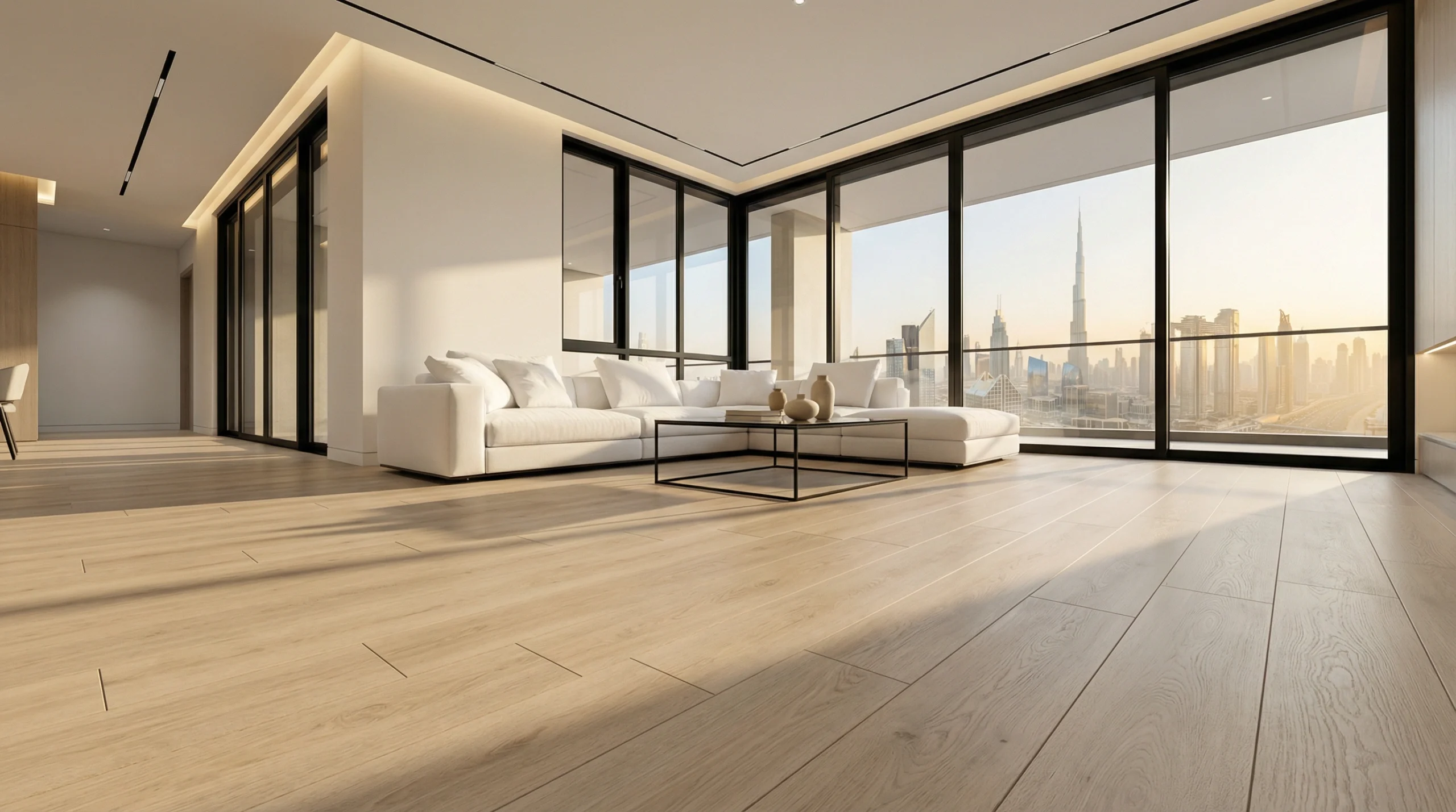 SPC flooring Dubai installation in modern villa living room