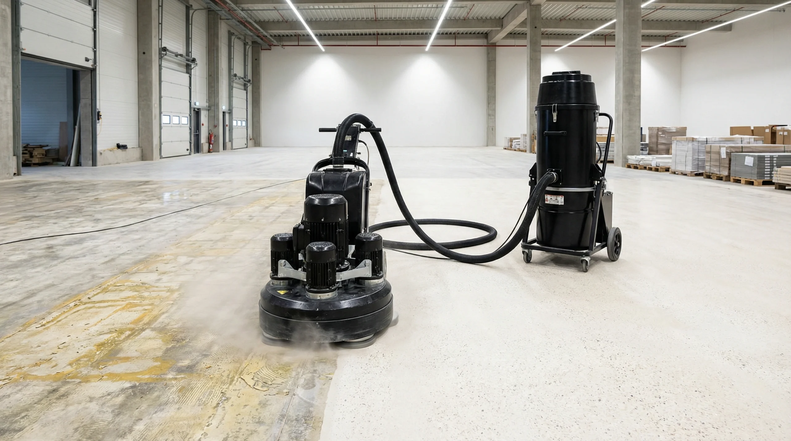 Professional subfloor preparation for LVT flooring installation with concrete grinding in Dubai