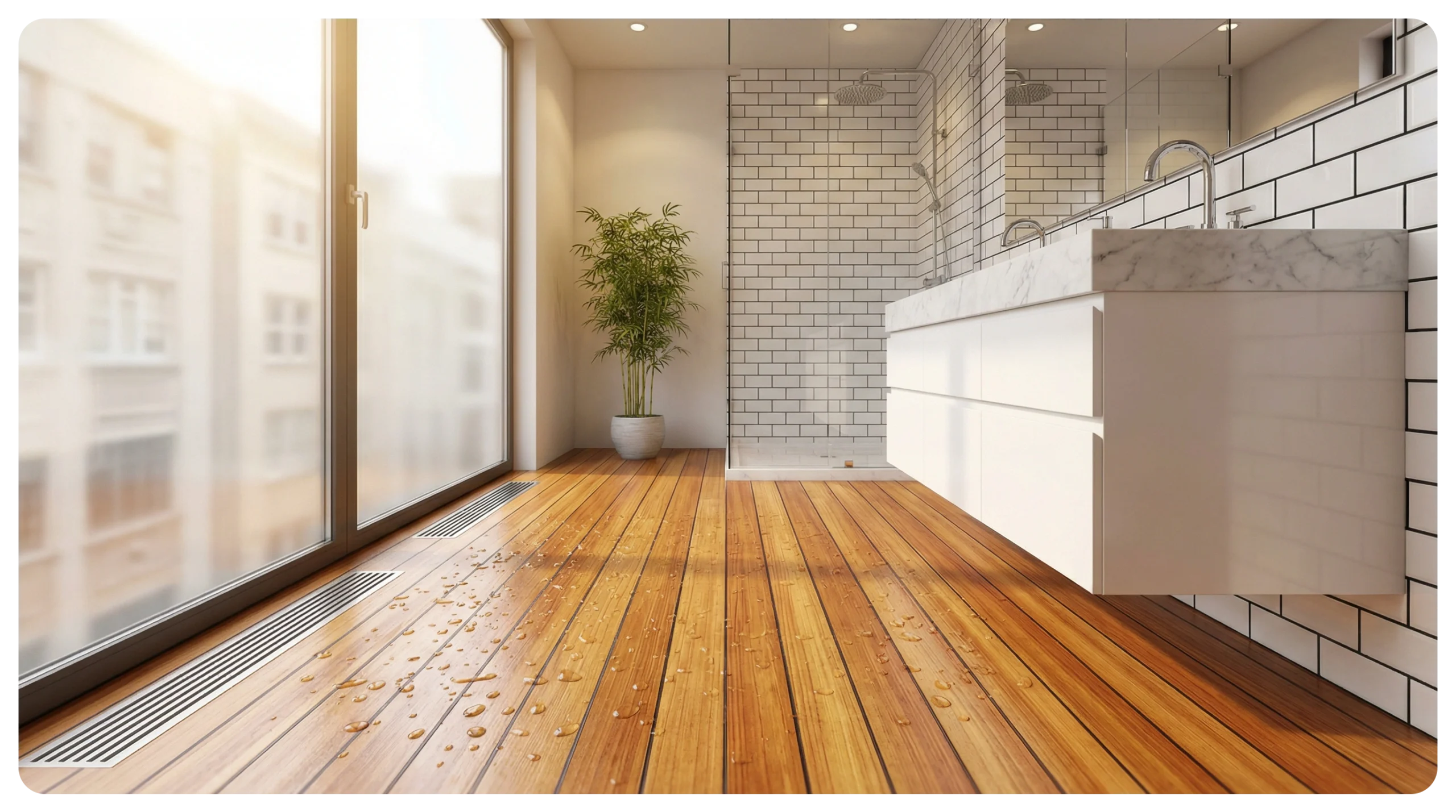 Teak wooden flooring Dubai bathroom moisture resistant