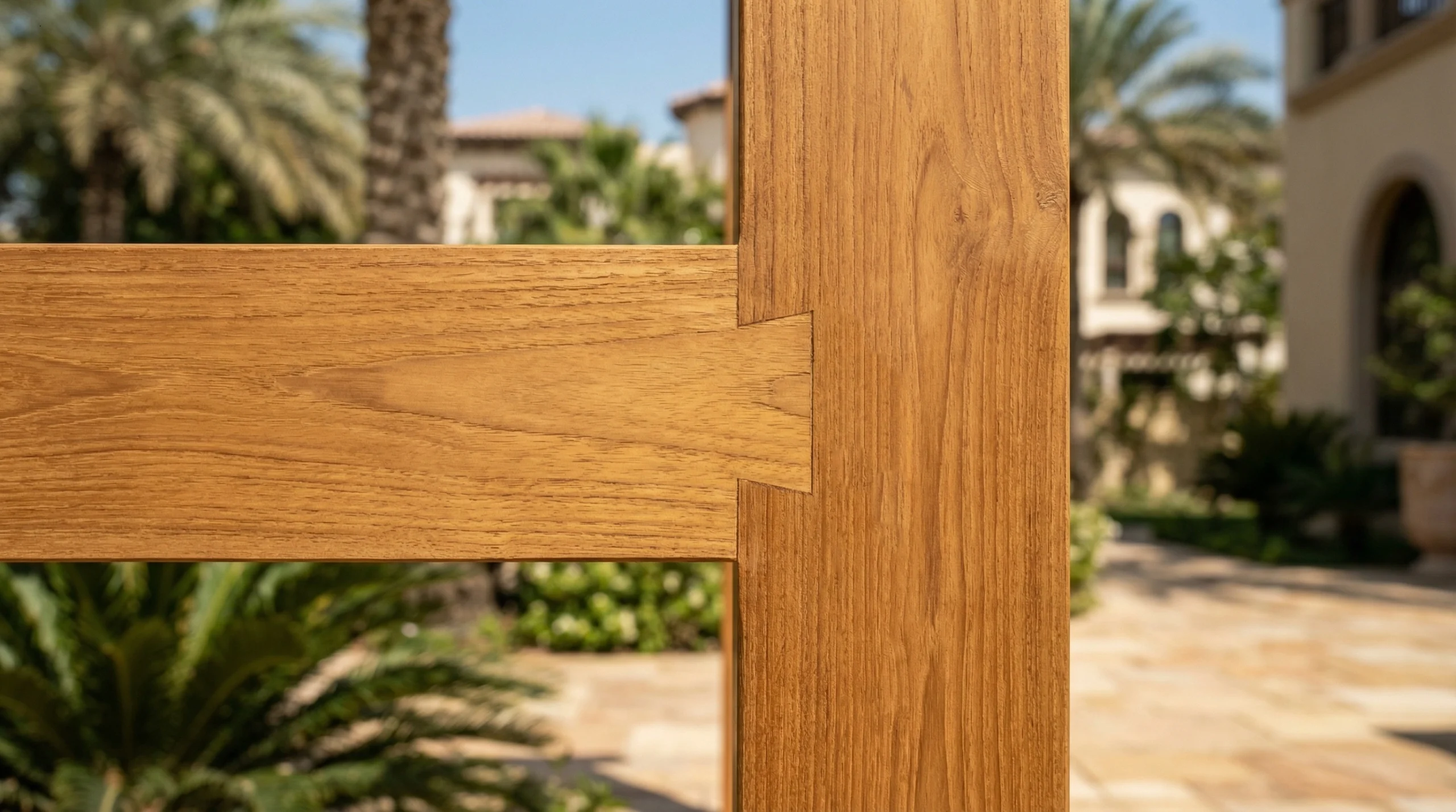 Premium teak pergola timber joinery detail, custom built in Dubai by Karnak Carpentry