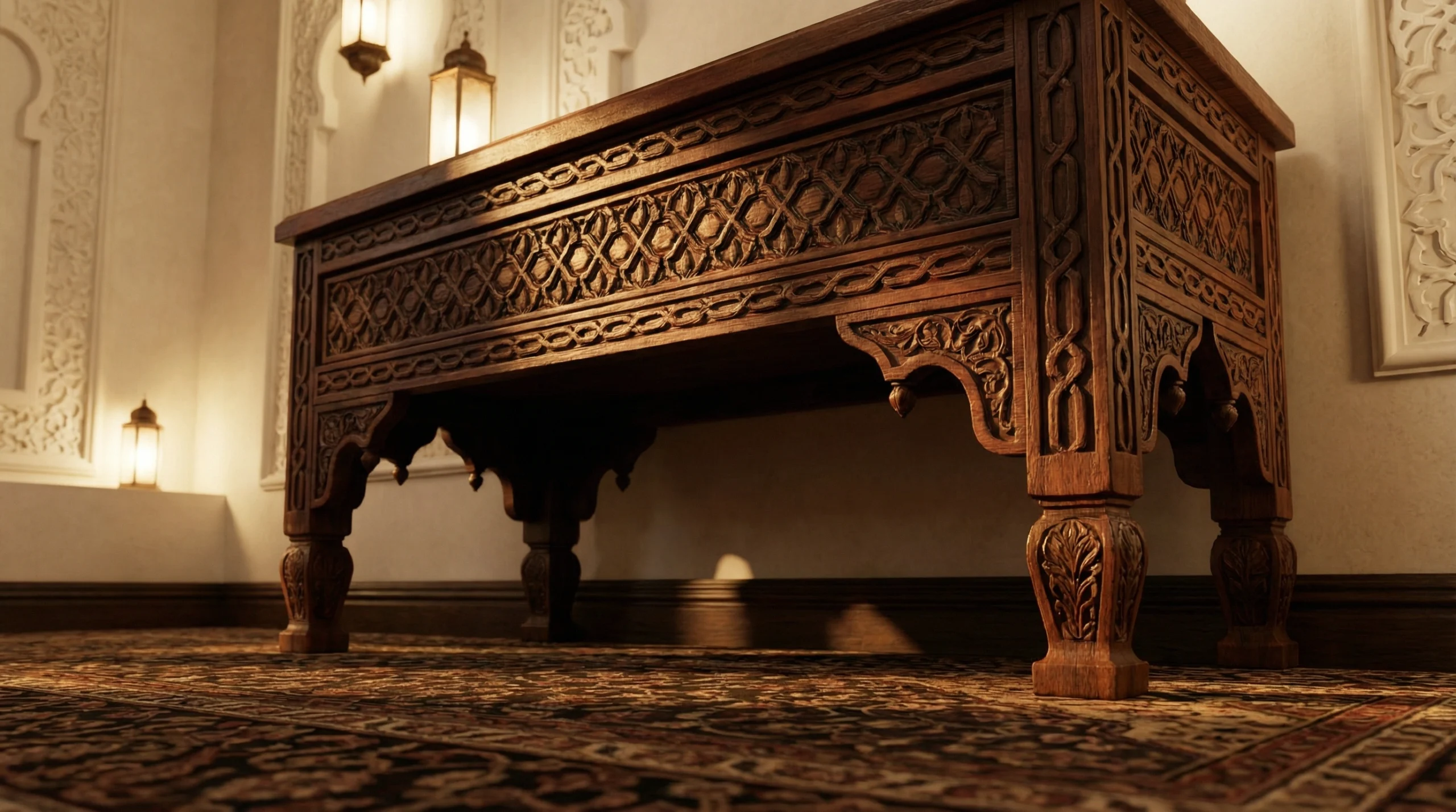 Hand-carved traditional Arabic console table in aged cherry wood, commissioned for an Al Ain family majlis by Karnak Carpentry