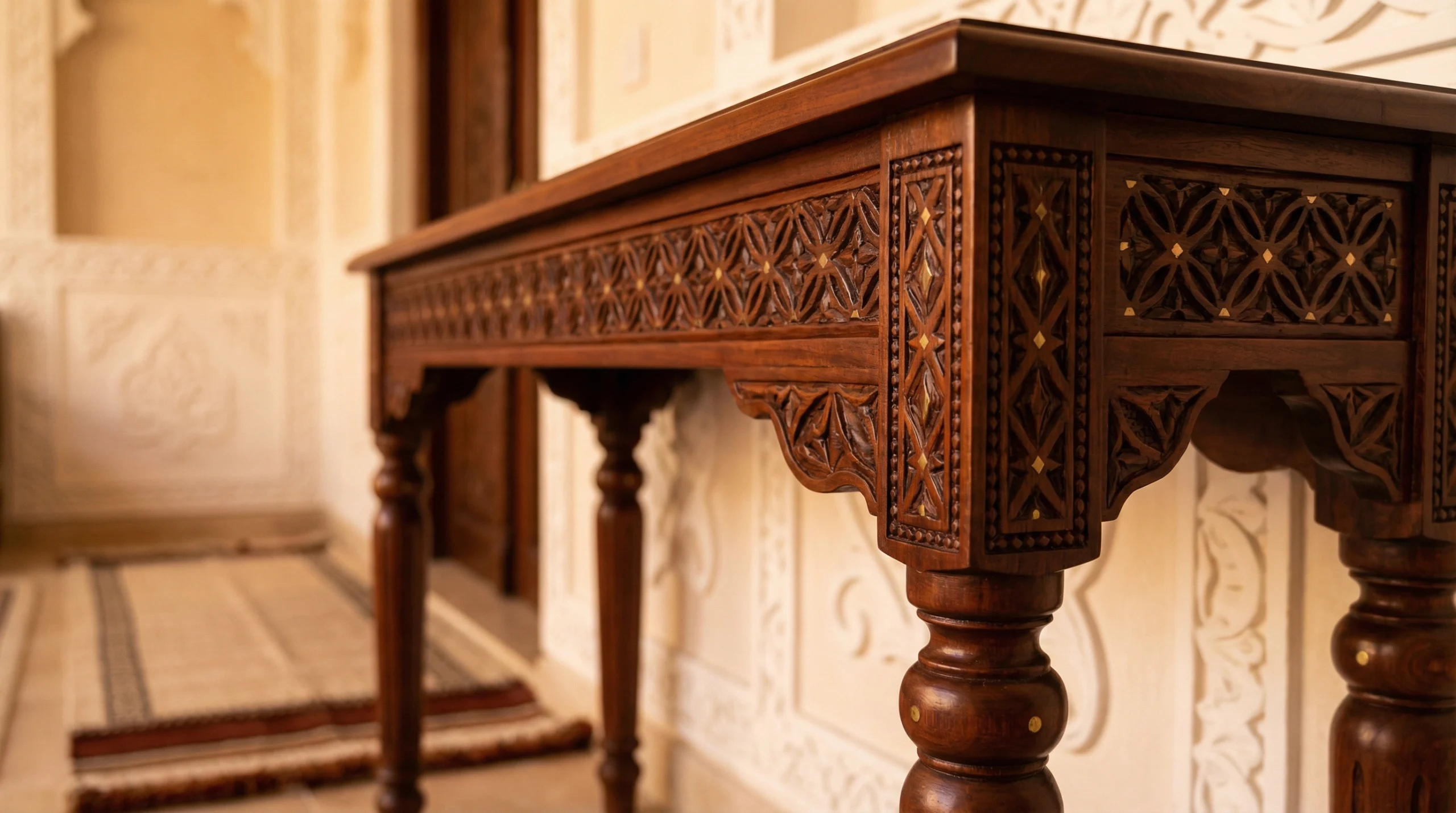 Traditional Arabic-style console table in hand-carved cherry wood with geometric inlay, crafted by Karnak Carpentry Dubai
