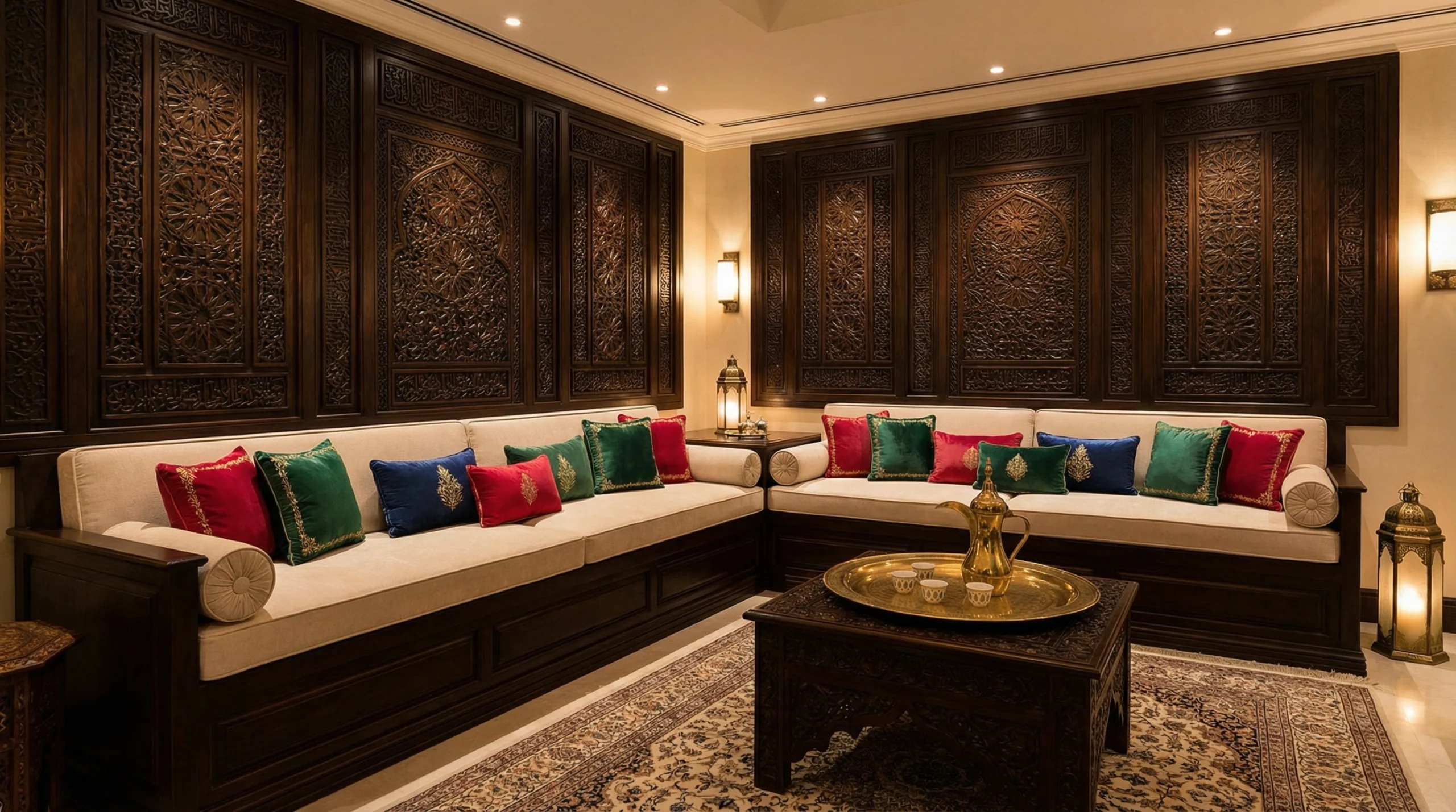 Custom majlis seating and wall paneling carpentry Dubai