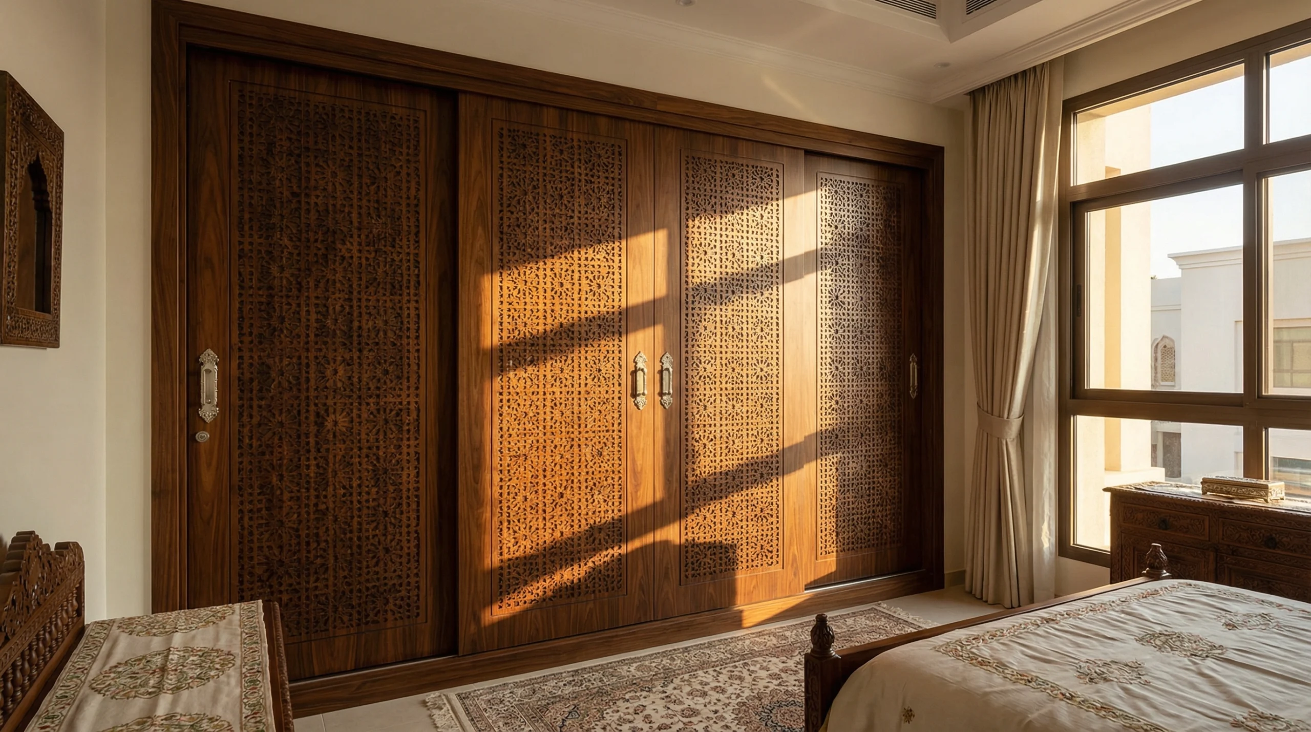 Traditional sliding wardrobe with Arabic design elements in Sharjah family villa