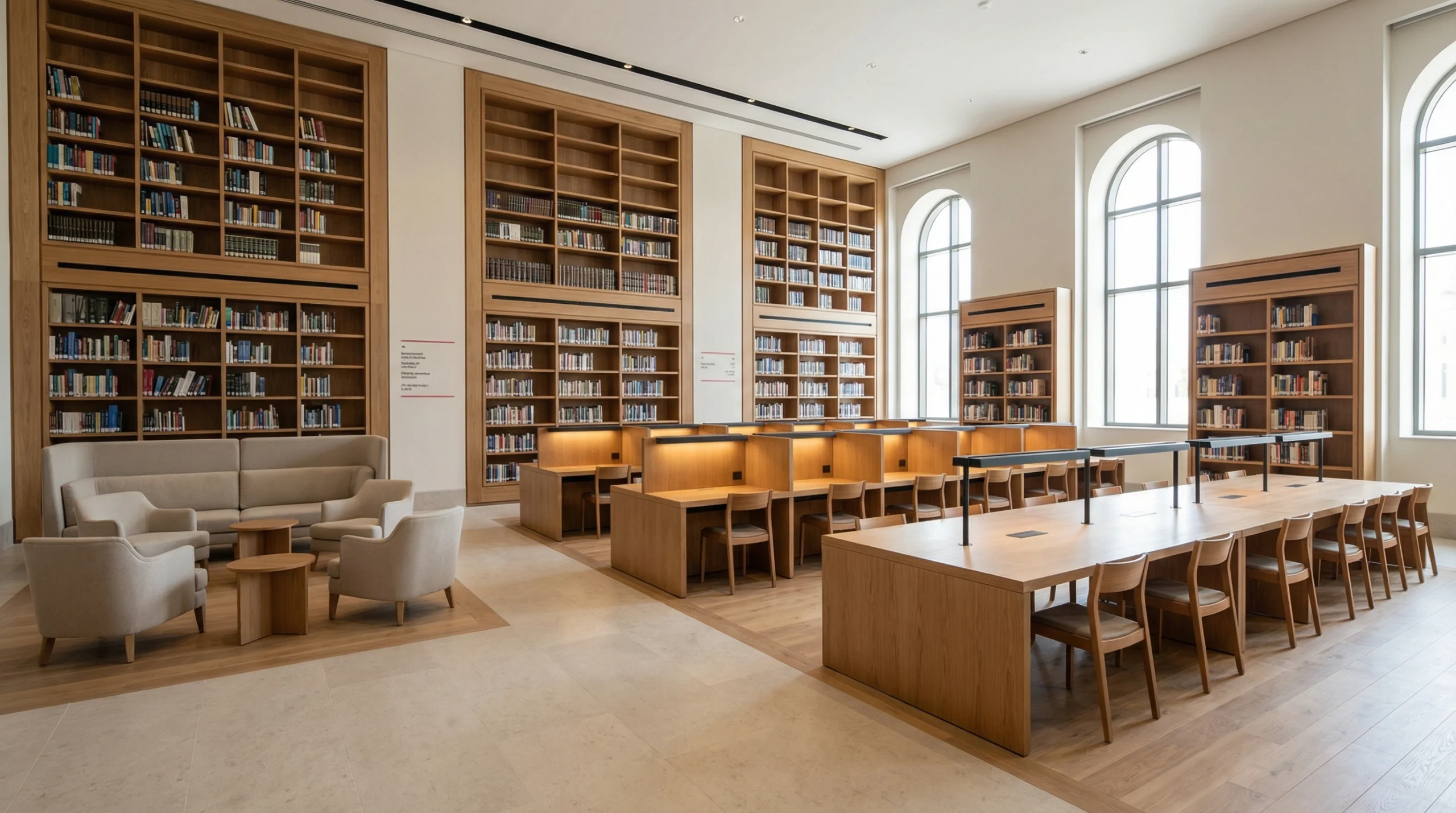 University library shelving and study furniture commercial carpentry Dubai educational institution