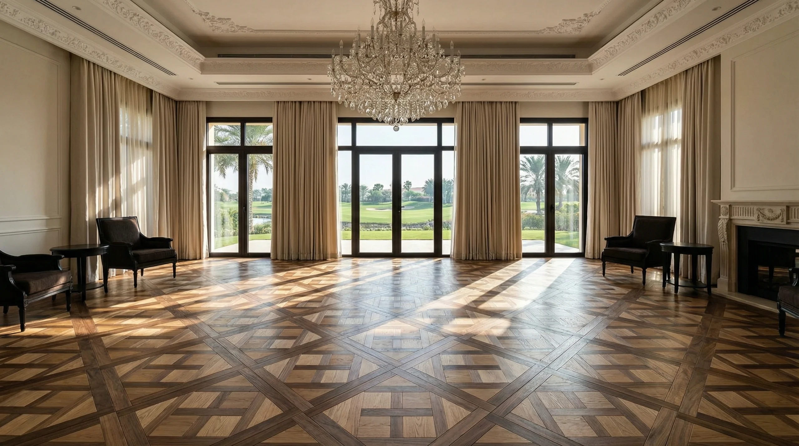 Custom Versailles parquet flooring installation Emirates Hills luxury villa Dubai