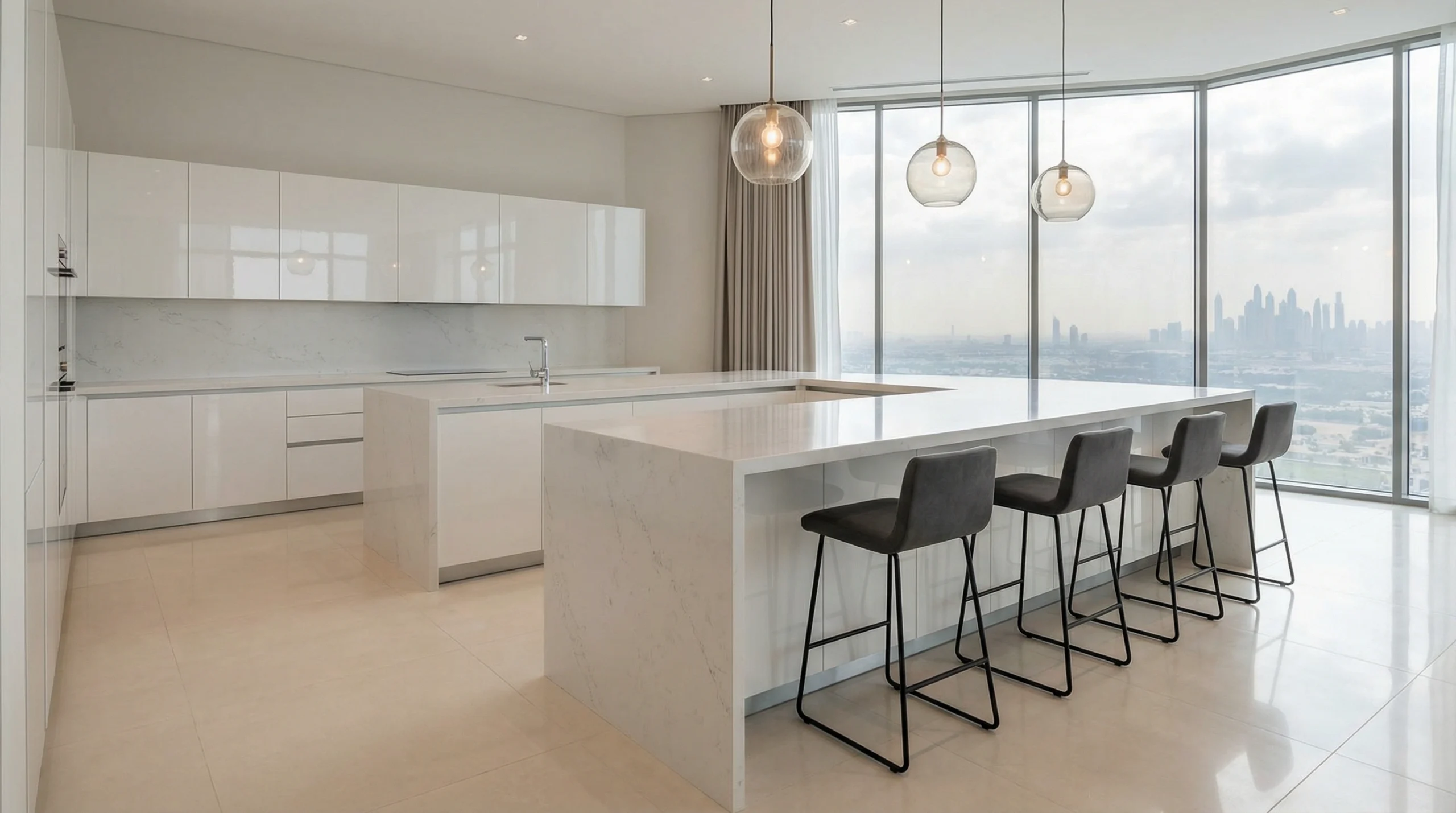 Custom luxury kitchen island Emirates Hills villa Dubai
