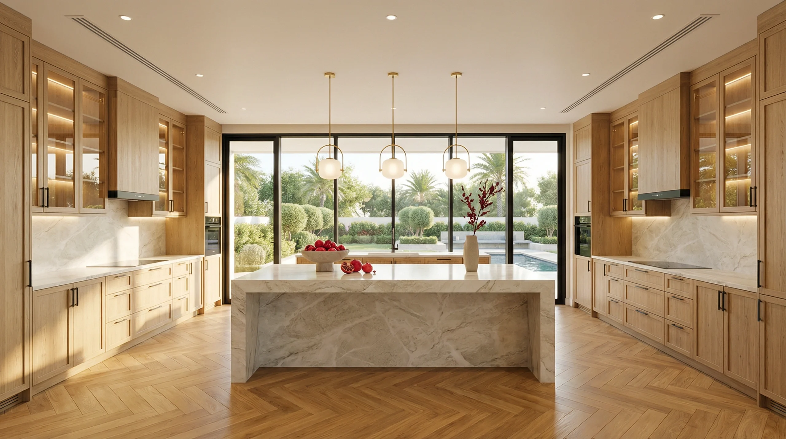 Completed villa kitchen carpentry project Emirates Hills Dubai custom cabinets