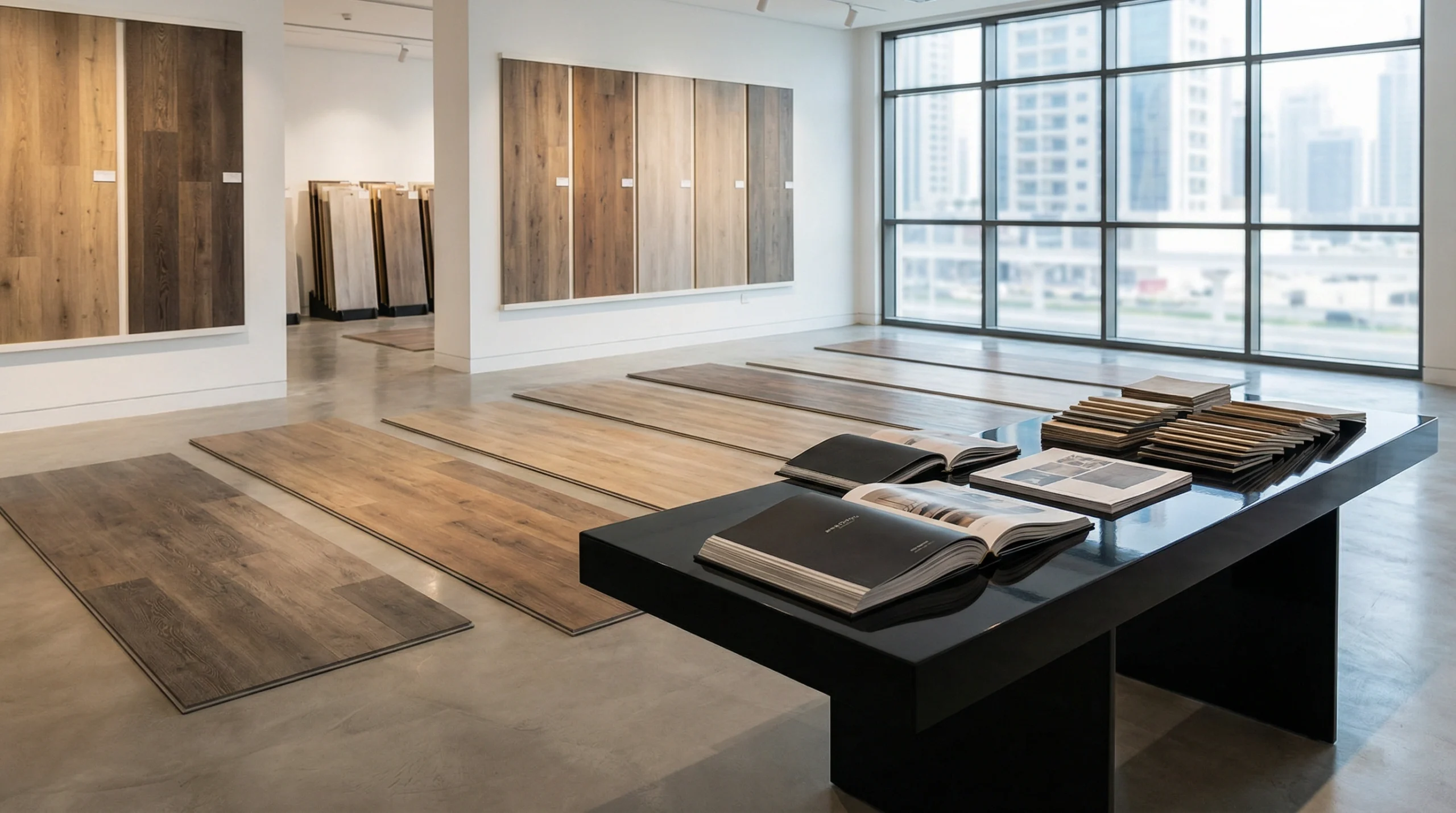 Professional vinyl flooring material selection consultation in Dubai showroom