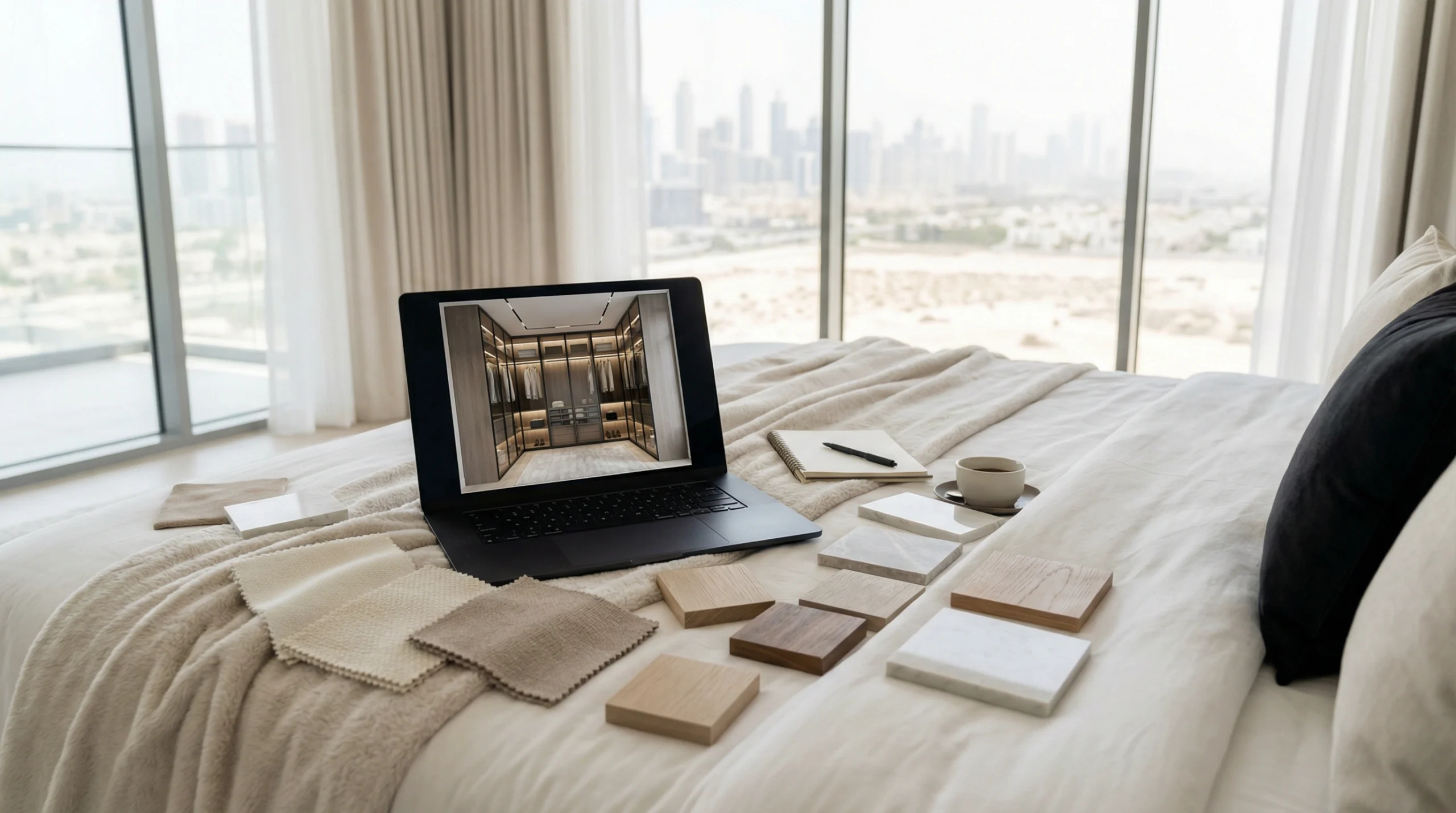 Walk-in closet design consultation in Dubai villa — Karnak Carpentry designer reviewing 3D wardrobe plans with client