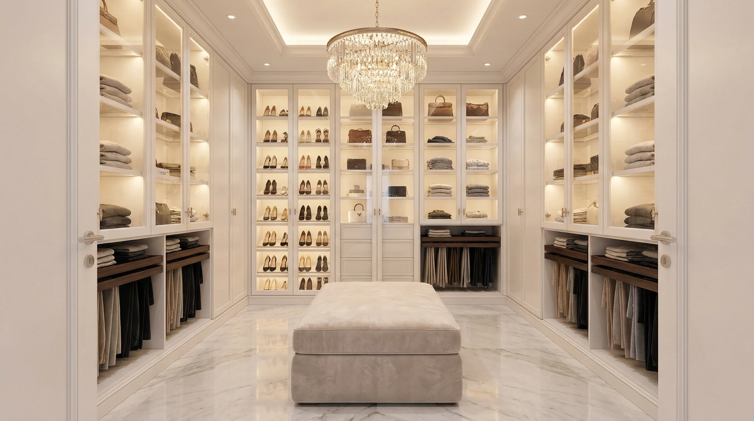 Walk-in closet shoe storage UAE with custom cabinets and display shelves