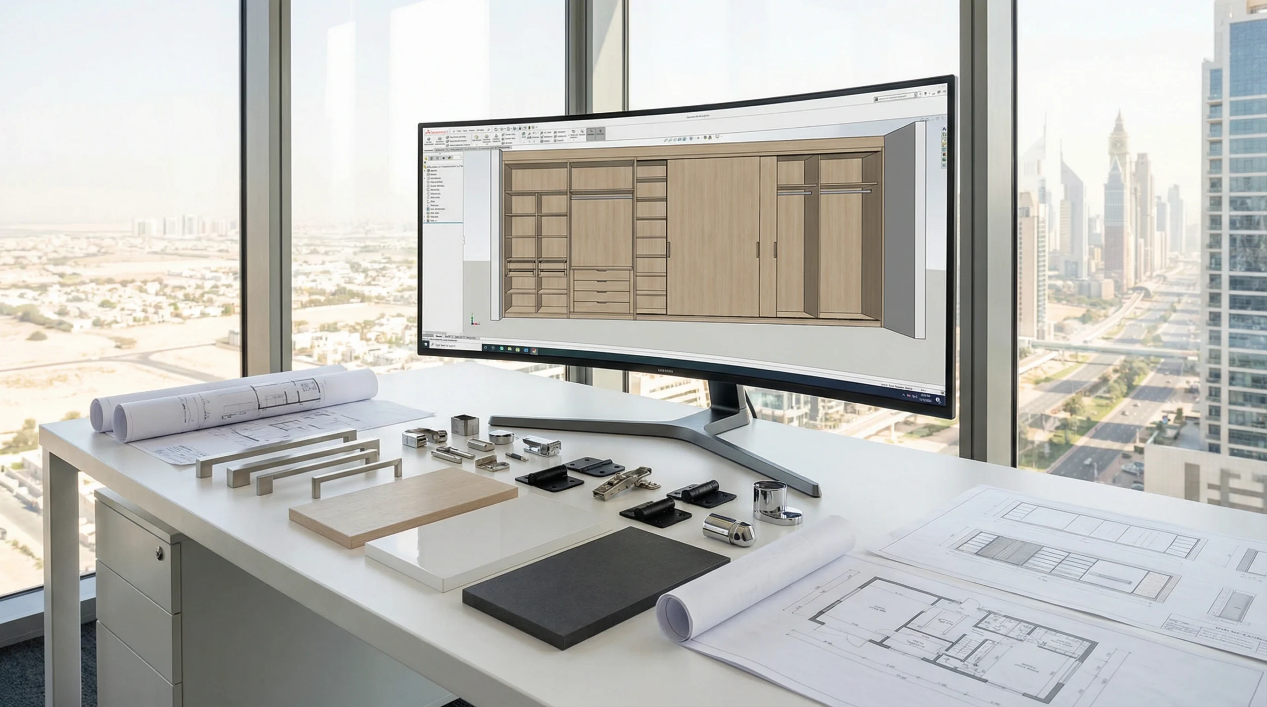 3D wardrobe design rendering presentation with materials samples Dubai