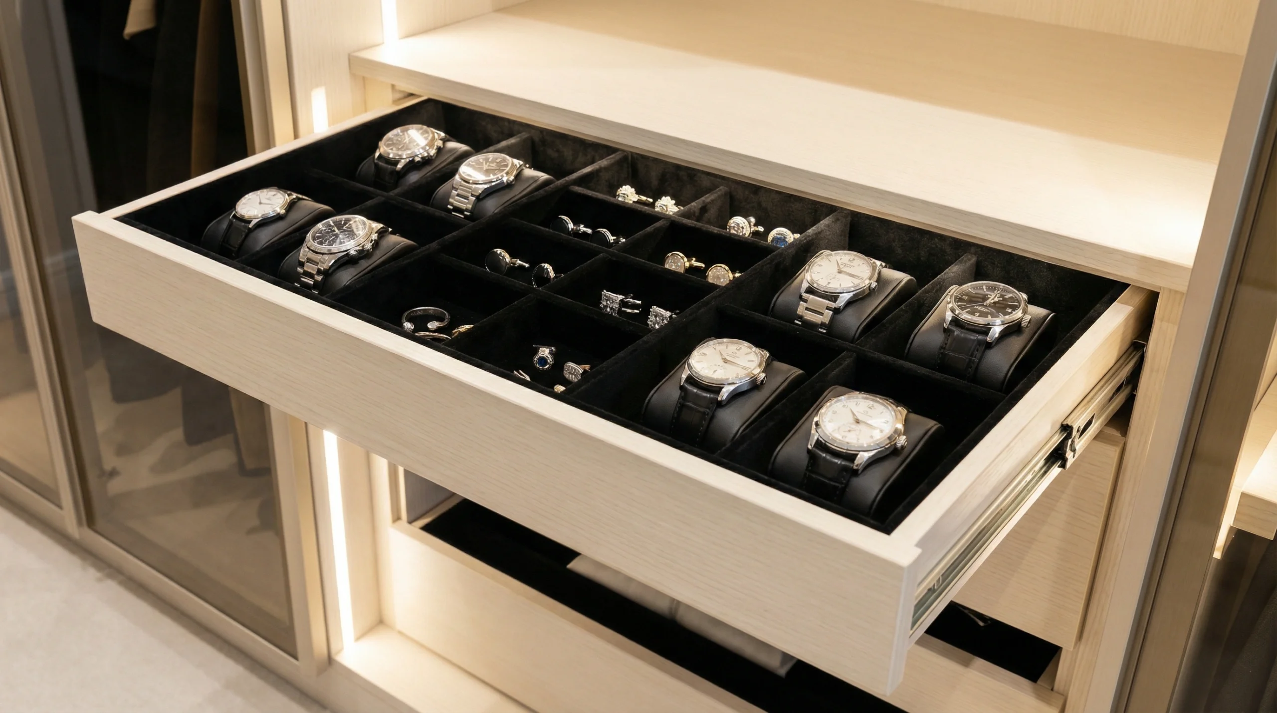 Custom wardrobe accessory organization pull-out racks Dubai