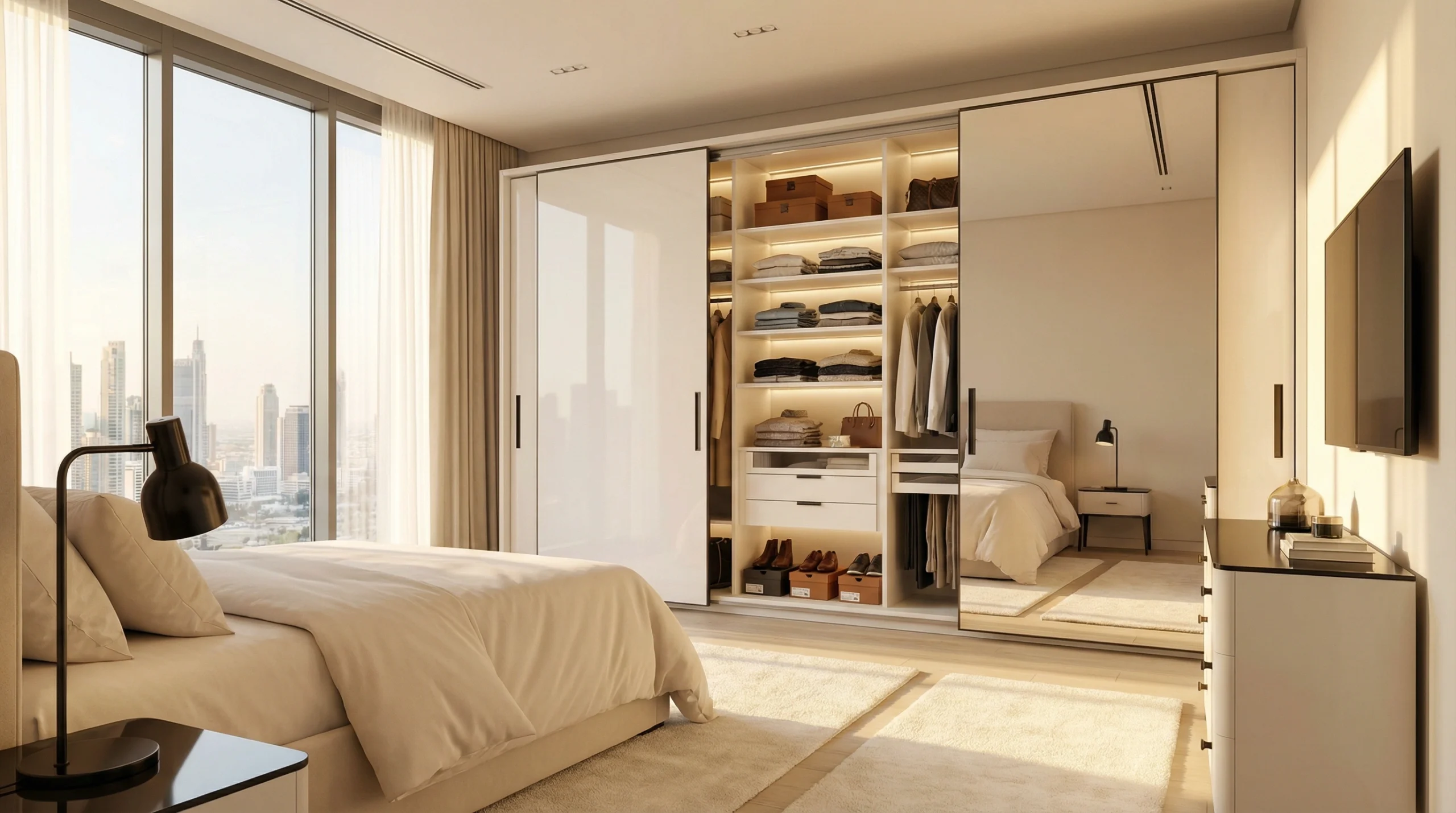 Completed sliding wardrobe installation Dubai with client walkthrough
