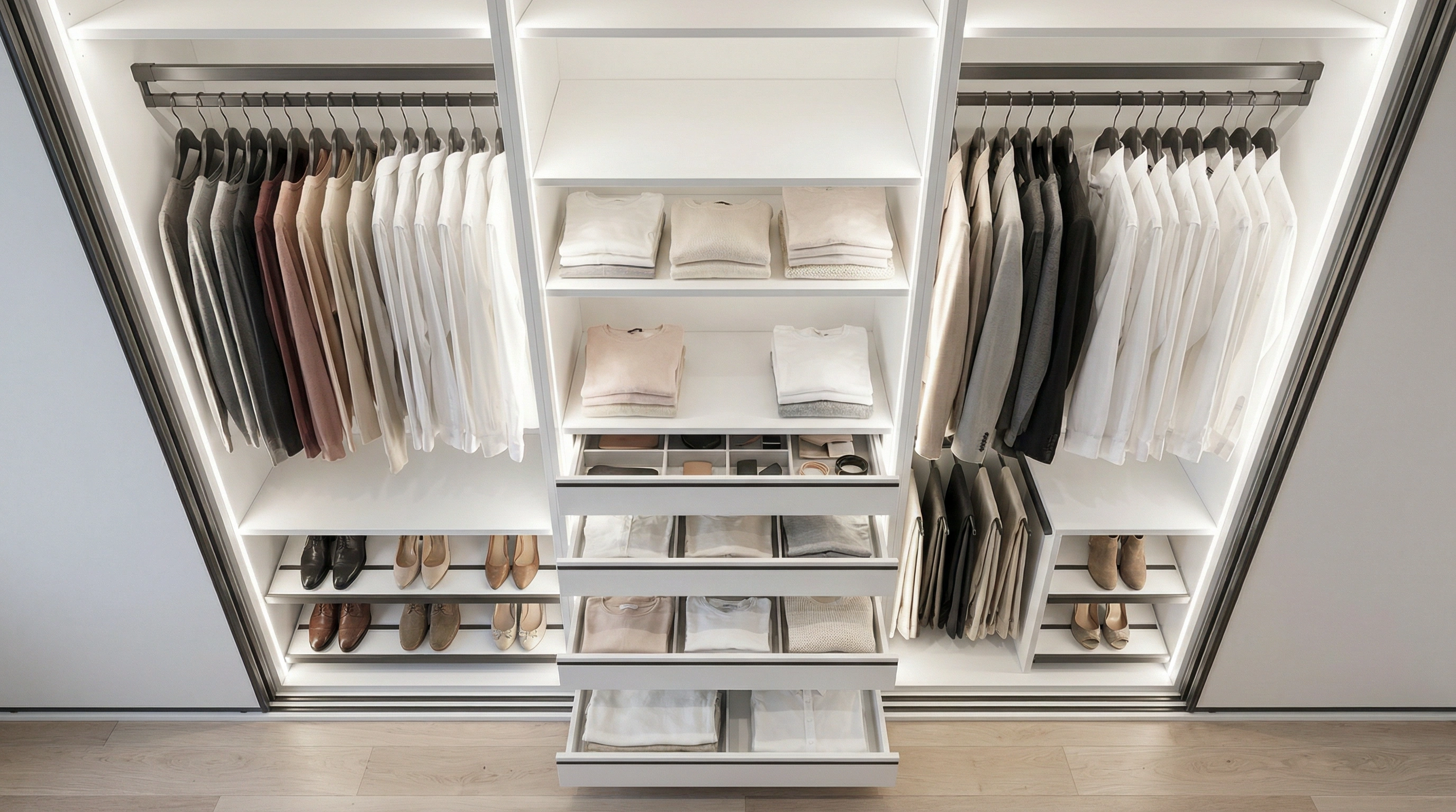 Comprehensive wardrobe interior organization showing hanging, shelving, and drawer systems