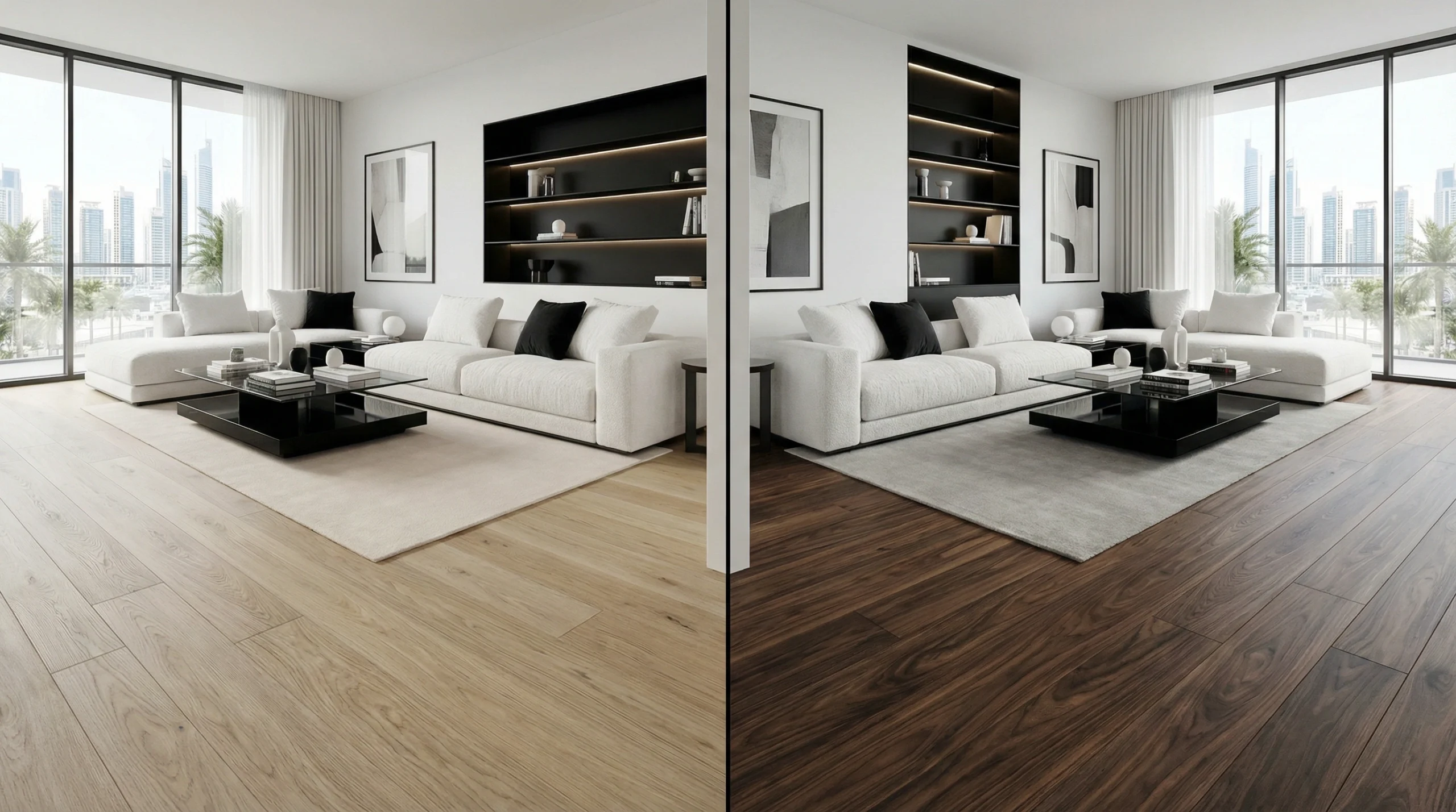 Wooden flooring design options comparison Dubai - light oak versus dark walnut