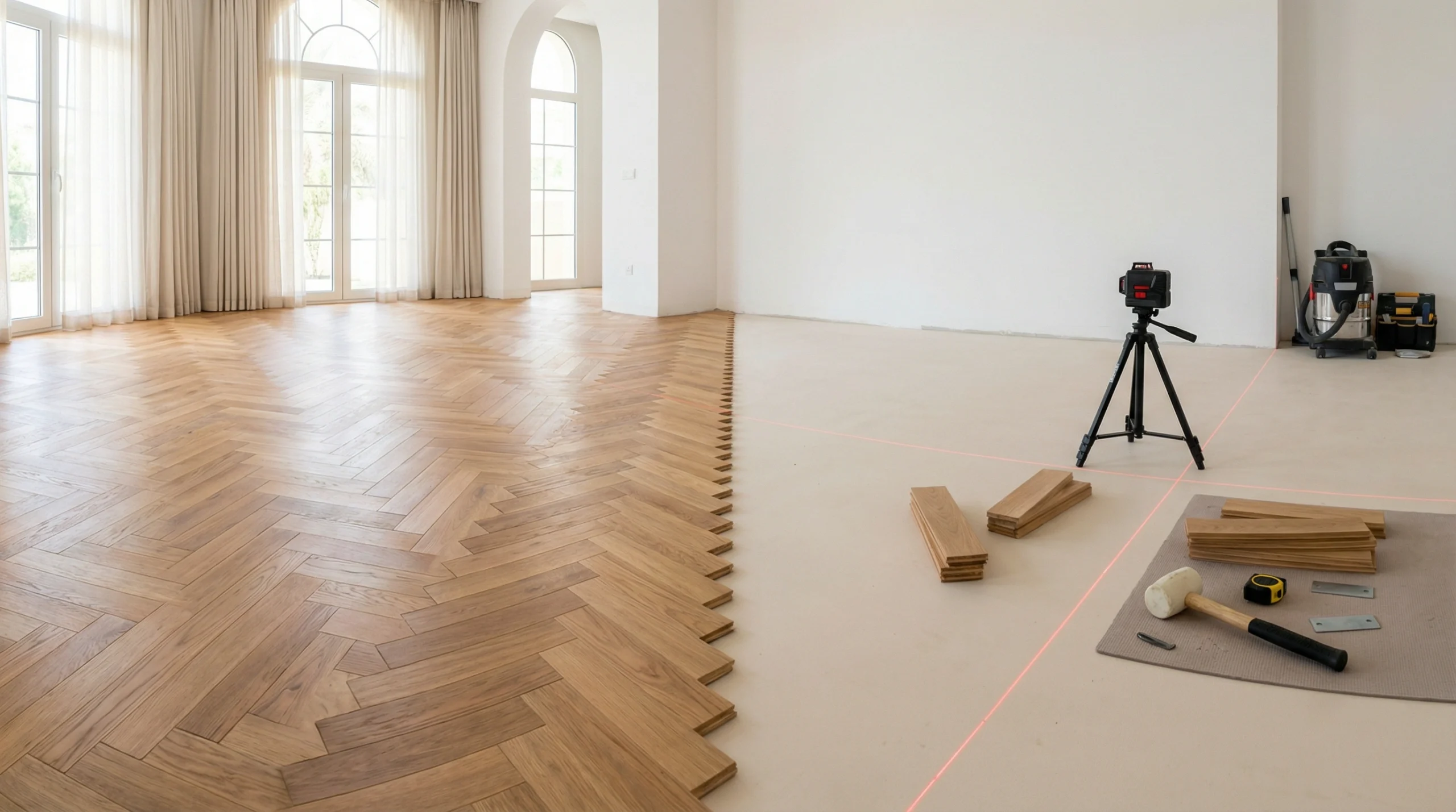 Herringbone wooden flooring installation process Dubai by Karnak Carpentry