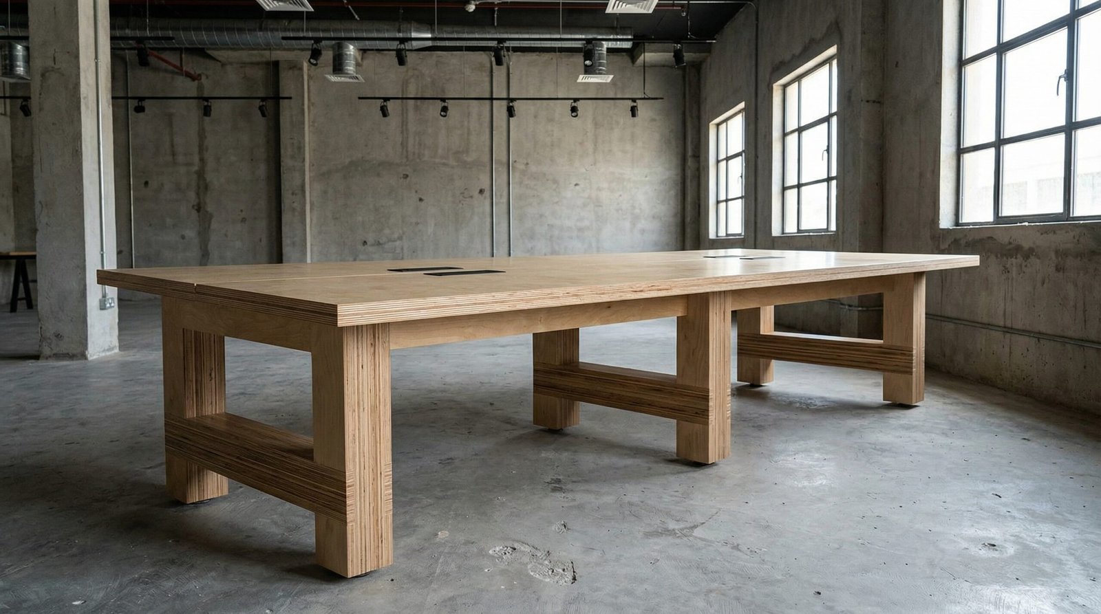 Custom Built Exposed Edge Birch Plywood Communal Standing Desk Inside An Al Quoz Creative Space.