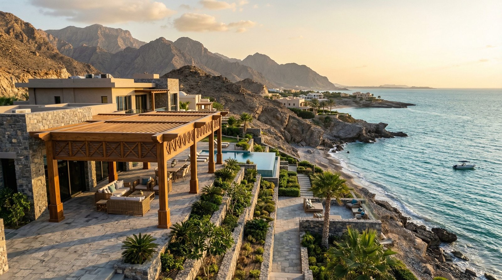 Aerial view of completed pergola installation at coastal UAE villa in Ras Al Khaimah showing Gulf water backdrop