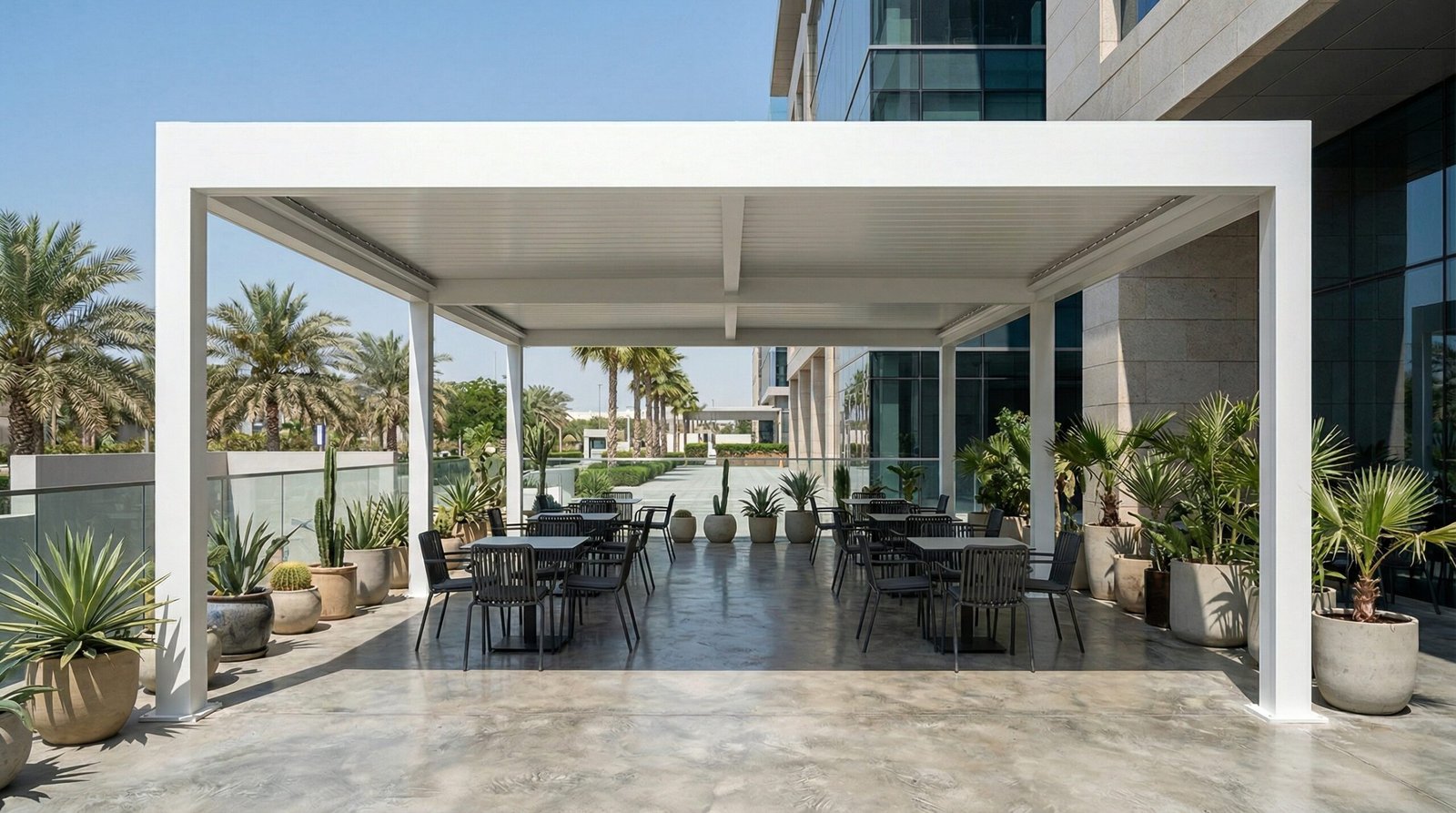 White powder-coated aluminium flat roof pergola with integrated gutters installed over UAE commercial café outdoor terrace