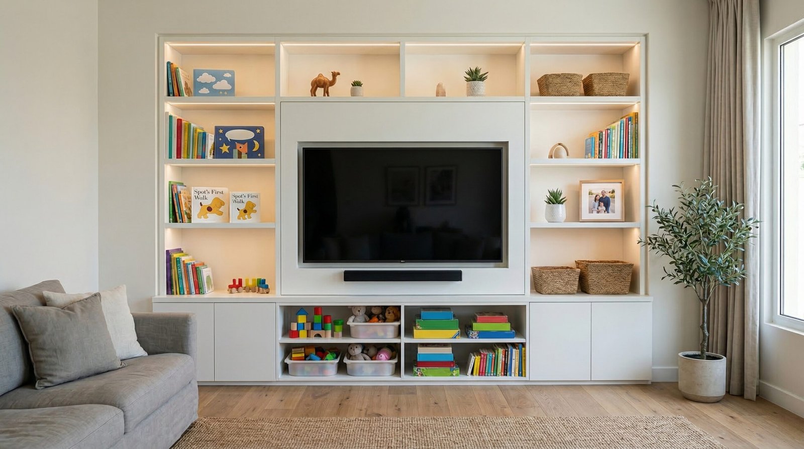 Compact family media wall in matte white lacquer with child-safe push-to-open storage installed in Arabian Ranches townhouse by Karnak Carpentry