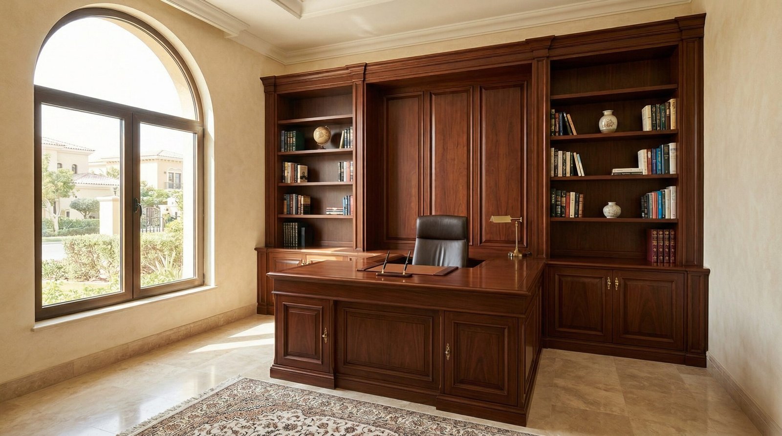 Complete Custom Built In Mahogany Wood Home Study Carpentry Unit Inside An Arabian Ranches Villa.