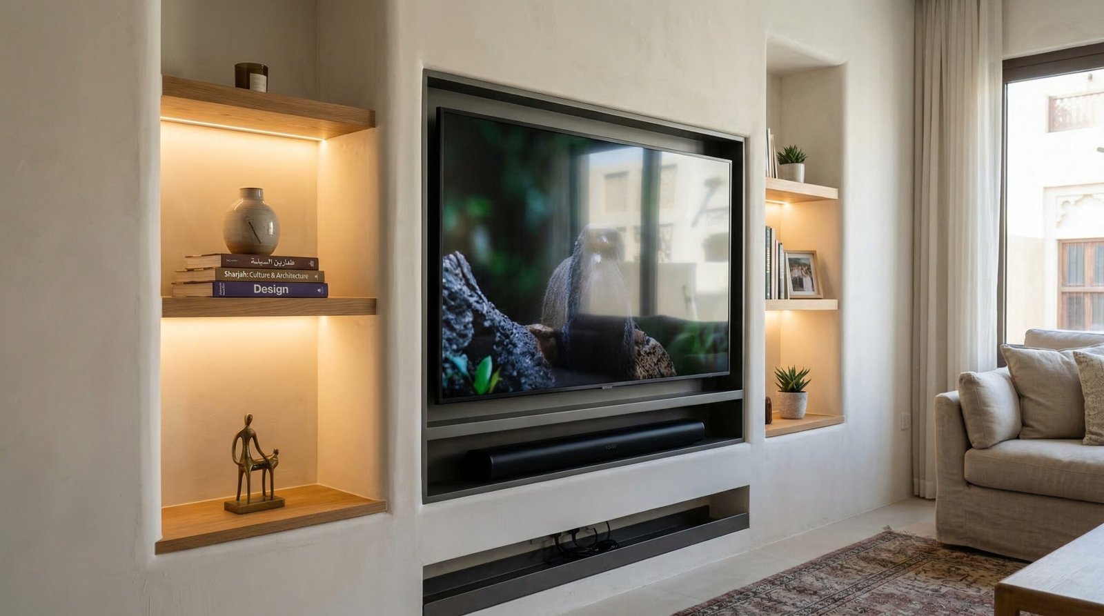 Built-in recessed media alcove with flush TV panel and hidden cable management installed in Sharjah townhouse by Karnak Carpentry UAE