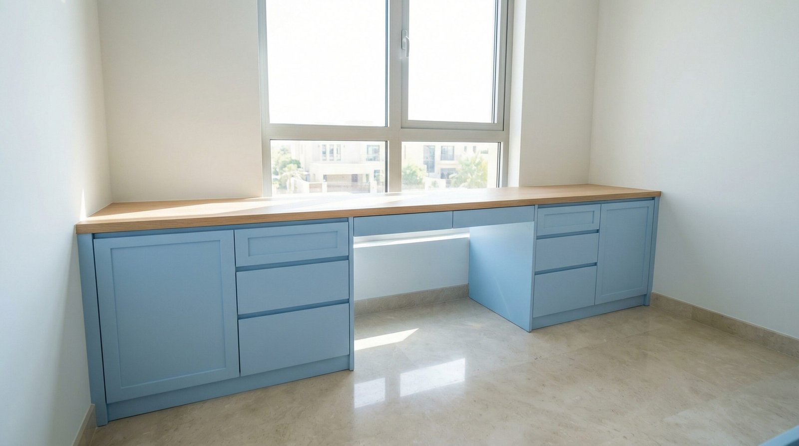 Custom Built Pastel Blue And White Oak Childrens Study Desk Installed Under A Window In Uae.