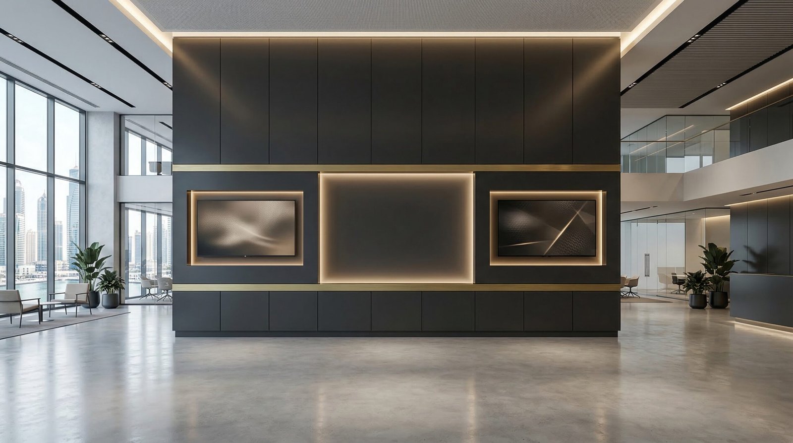 4.5-metre charcoal lacquer commercial feature media wall with dual screen recesses and backlit logo installed in Business Bay office lobby by Karnak Carpentry