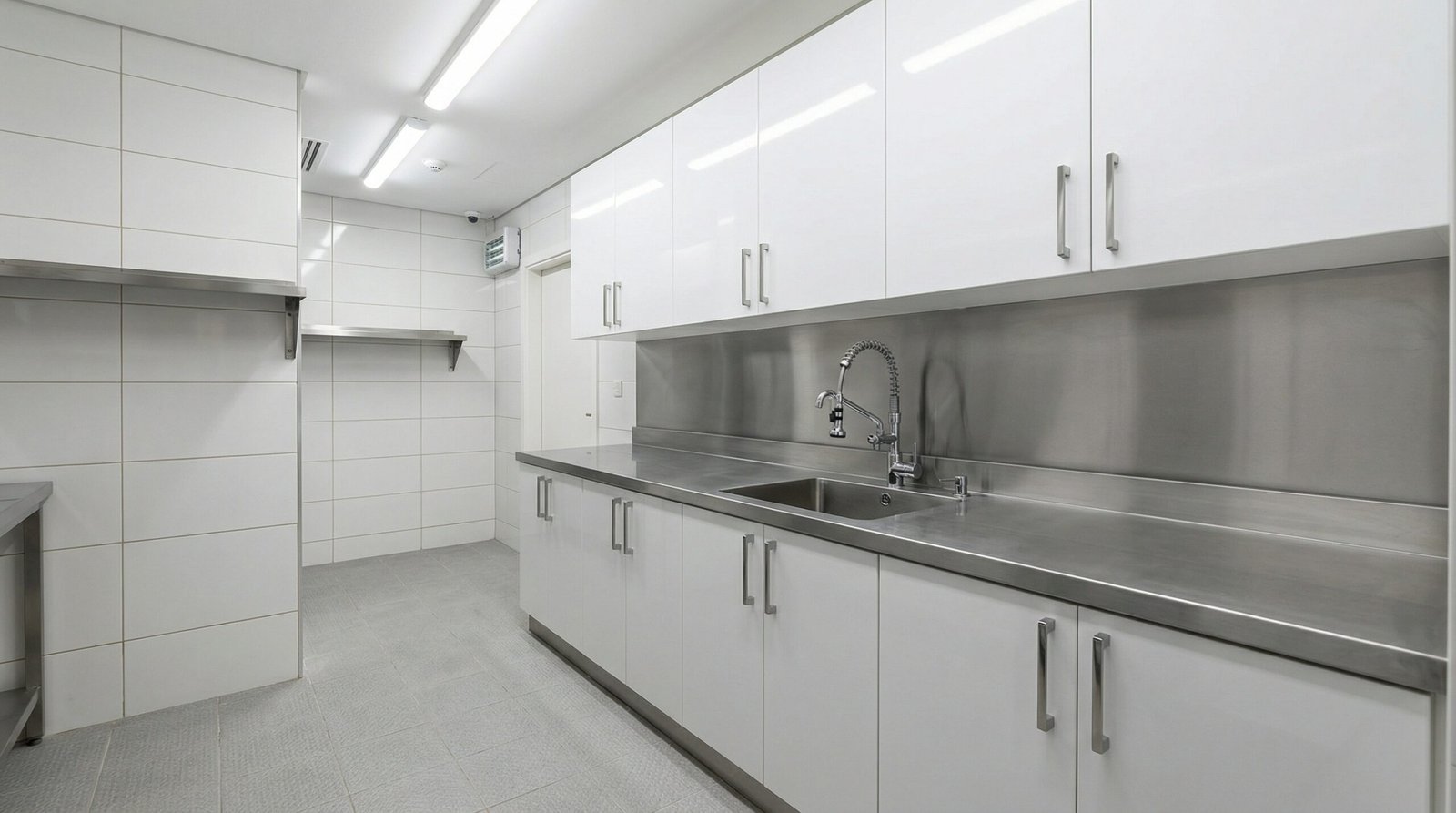 White laminate commercial kitchen cabinet installation with stainless countertop in UAE café kitchen