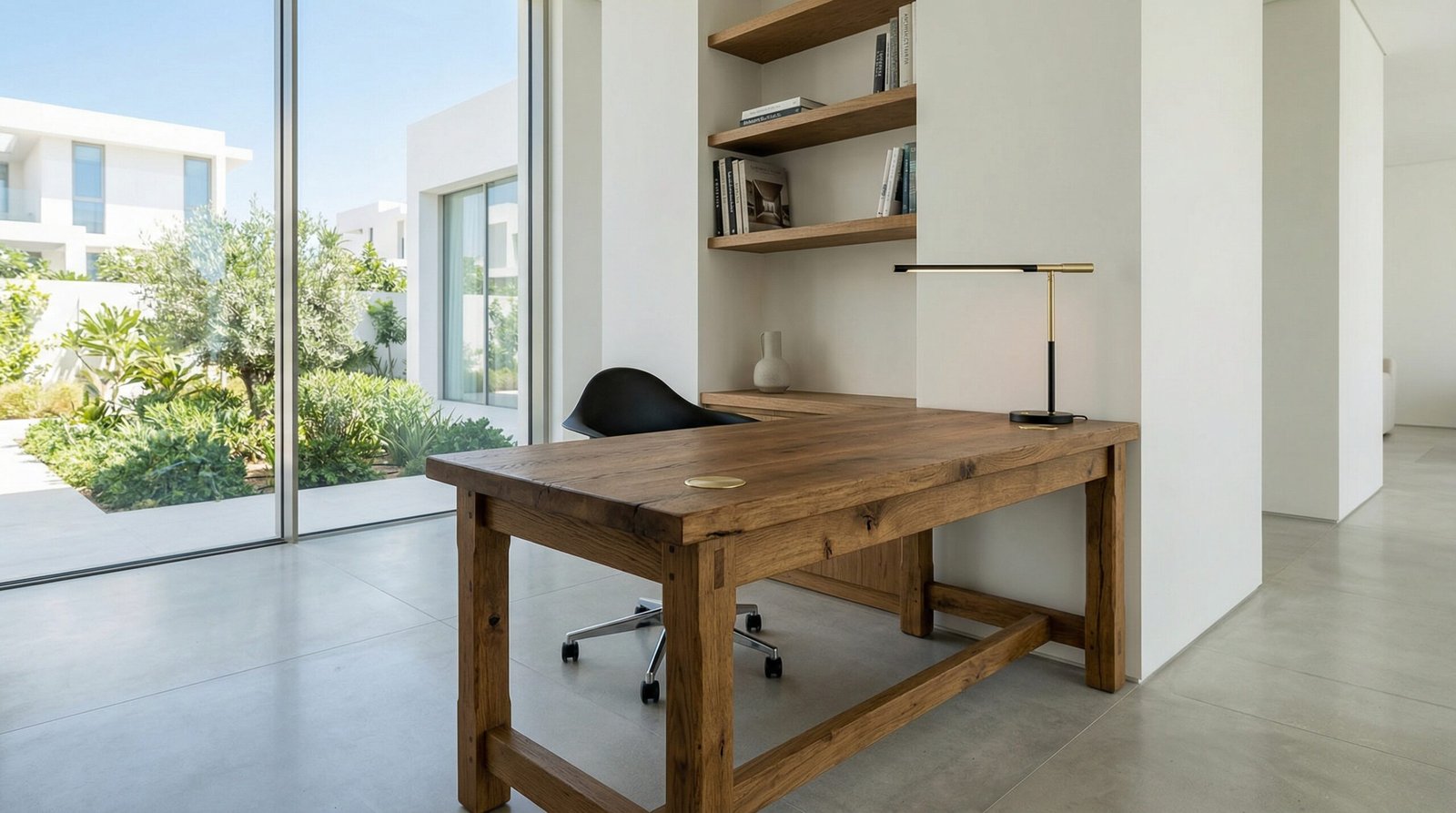 Classic Heavy Oak Wood Built In Desk Custom Fitted Inside A Modern Minimalist Dubai Villa.