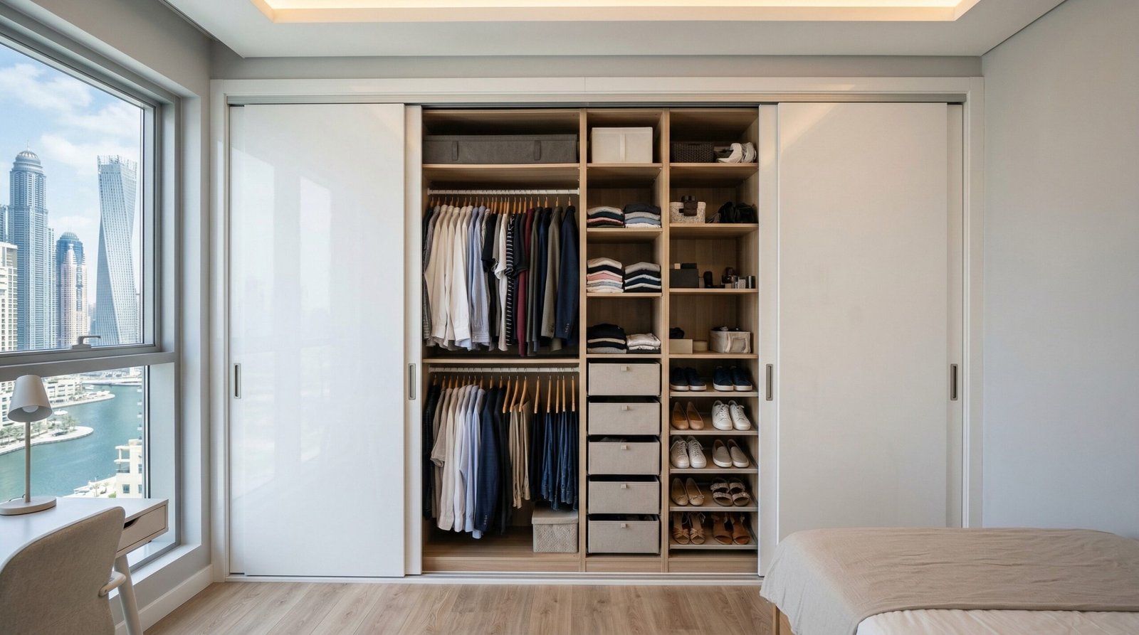 Compact full-wall sliding door wardrobe in white gloss for Dubai Marina studio apartment with maximum interior storage by Karnak Carpentry UAE