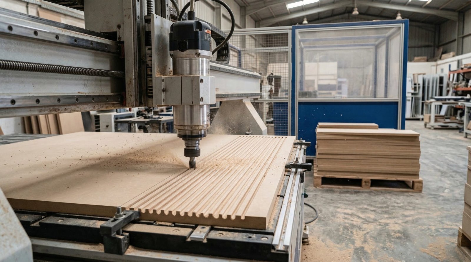 In-house CNC routing machine cutting fluted panel for custom media wall at Karnak Carpentry's Dubai manufacturing workshop