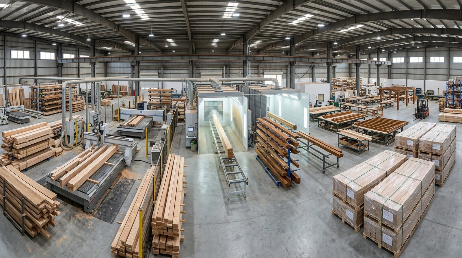 In-house UAE carpentry manufacturing facility showing CNC machining, finishing, and pergola component assembly areas