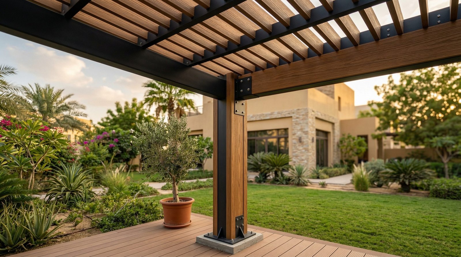 WPC composite and aluminium hybrid pergola with slatted canopy installed in UAE suburban villa garden showing wood-look finish