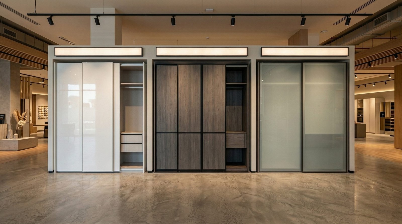 Three full-scale sliding wardrobe display bays in white gloss, smoked oak and frosted glass in Karnak Carpentry Dubai showroom UAE comprehensive solutions