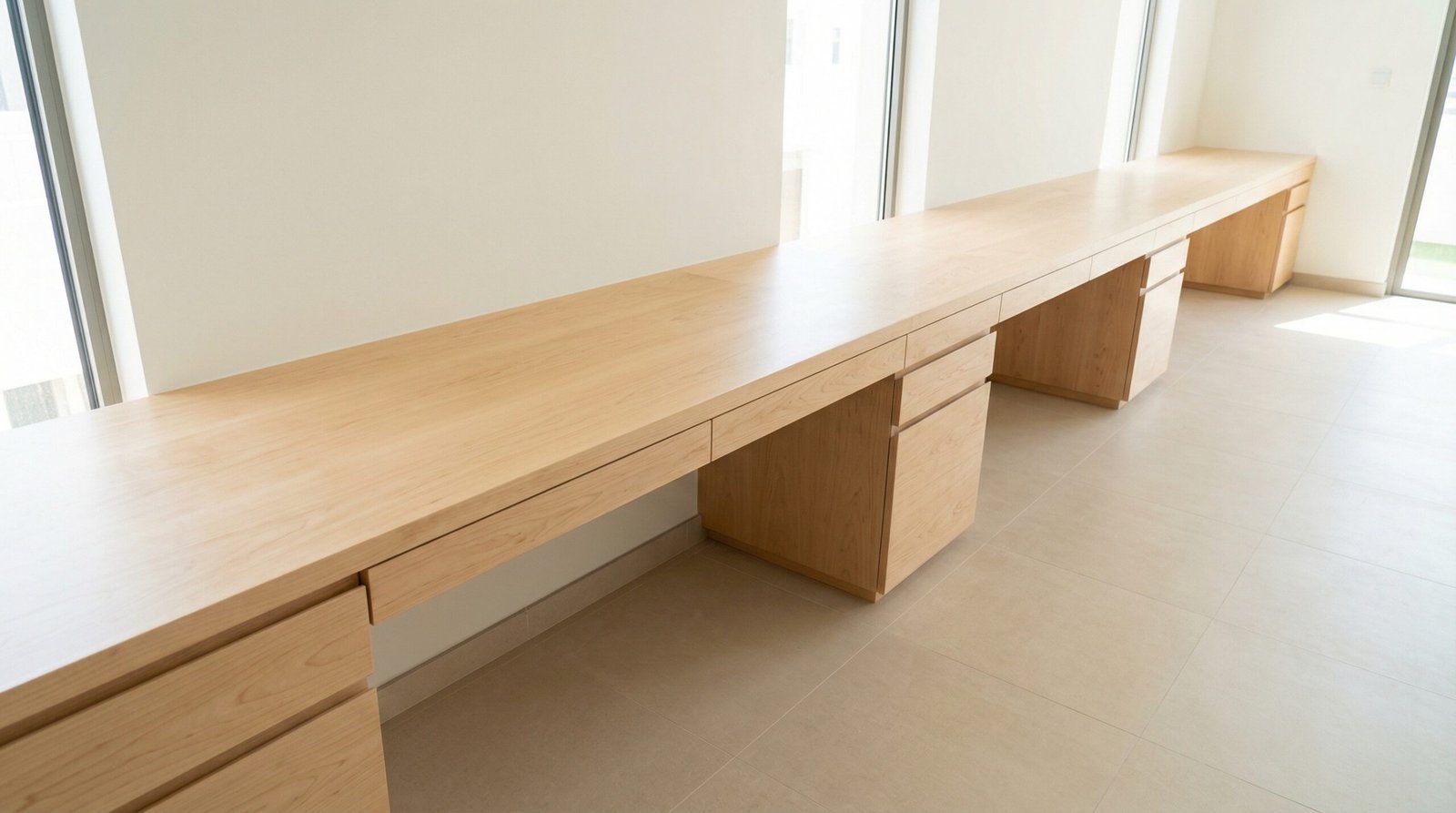 Extra Long Continuous Light Maple Wood Custom Desk Spanning An Entire Wall In A Uae Home.