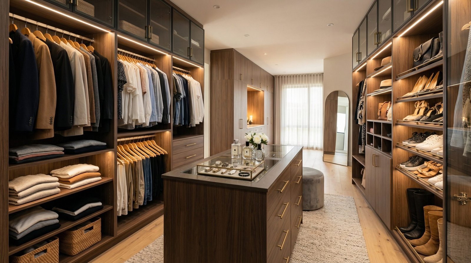 Custom wardrobe styles and finish configurations including gloss white, smoked oak, navy lacquer and fluted glass displayed in Karnak Carpentry UAE showroom