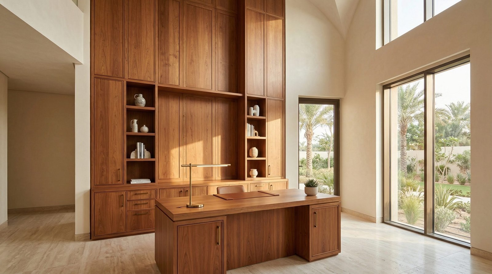 Tall Custom Built Cedar Wood Desk Unit With Integrated Upper Paneling In A Luxury Uae Villa.