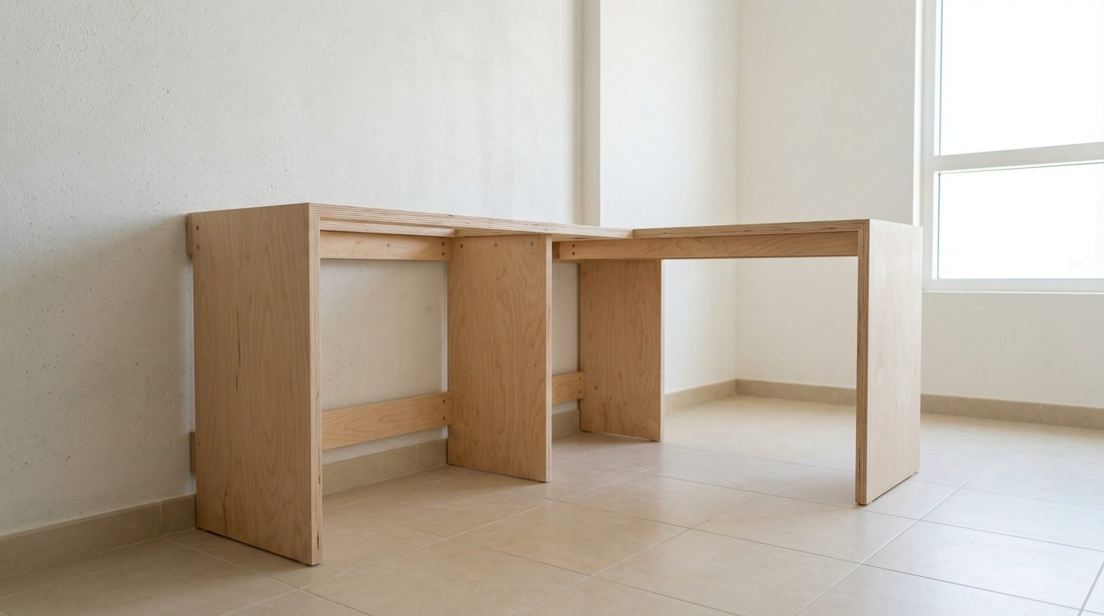 Partially Completed Custom Wood Desk Framework Firmly Anchored To The Wall In A Bare Uae Villa.
