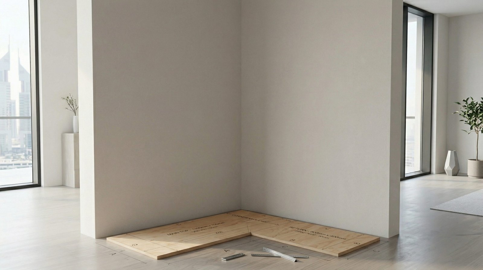 Precise Plywood Mockup Template For A Custom L Shaped Desk In A Corner Of A Modern Dubai Apartment.