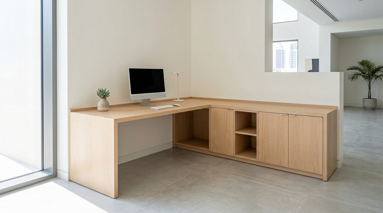 Perfectly Contoured Custom L Shaped Birch Wood Corner Desk Built Into A Modern Uae Home.