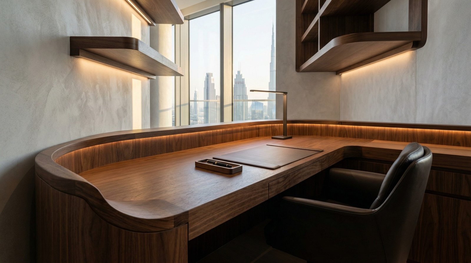 High End Custom Walnut Built In Desk By Karnak Carpentry Inside A Luxurious Dubai Penthouse.