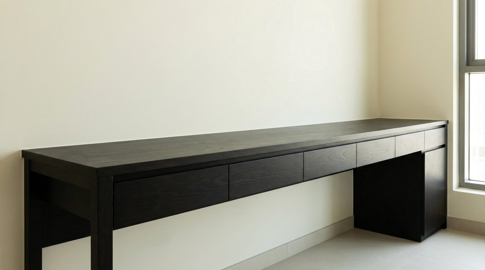 Dramatic Deep Ebony Stained Custom Carpentry Desk Securely Fitted In A Uae Home.